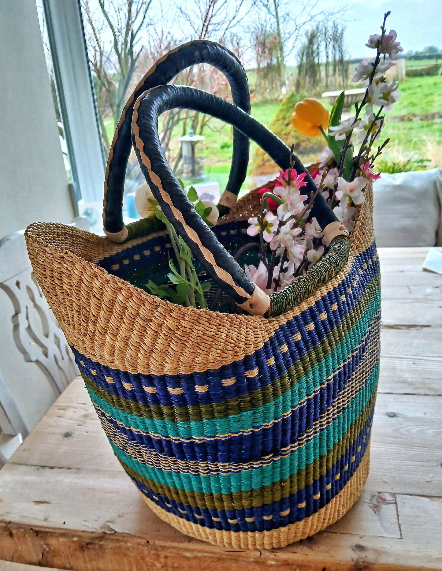 Large Green, Yellow & Blue Multi Colour U-Shopper Ghana Bolga Tote Bag/Basket (Copy)