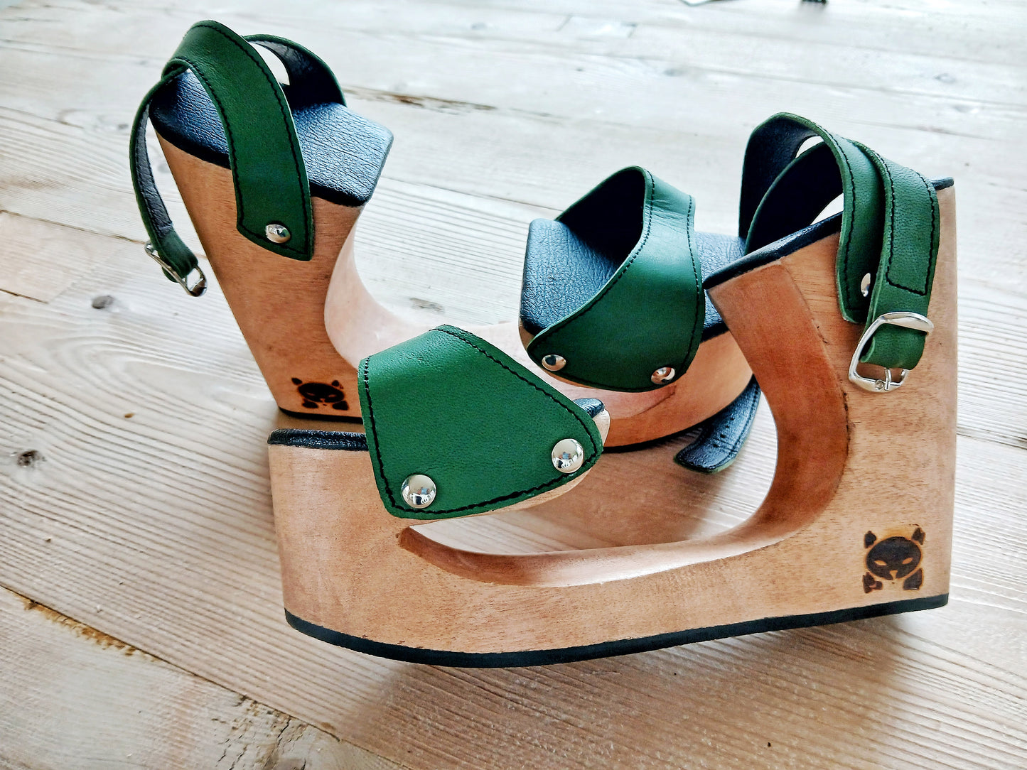 OMES Special Bridge Wood Platform and LeatherSandals S425: Handmade Carved Wooden Heel Leather Mules