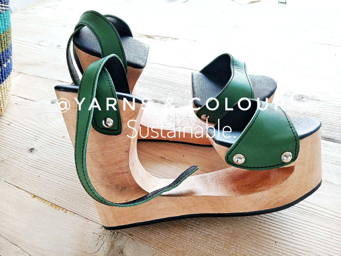 OMES Special Bridge Wood Platform and LeatherSandals S425: Handmade Carved Wooden Heel Leather Mules
