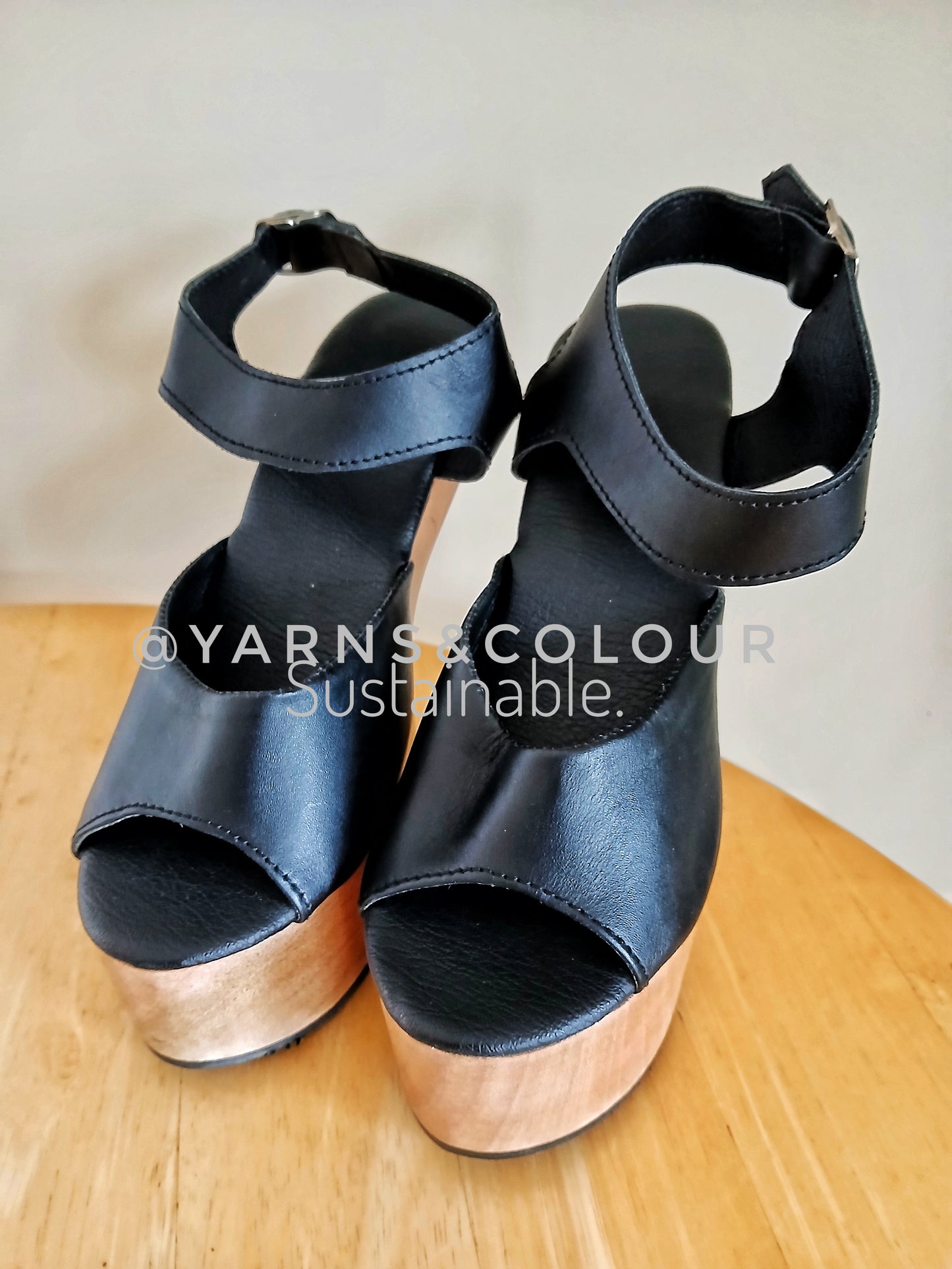 OMES Statement Piece. Legendry Wood Clog Sandals S1: Lady Gaga Style Heelless Sculpted Wooden Wedge Mule in  Stylish Brown