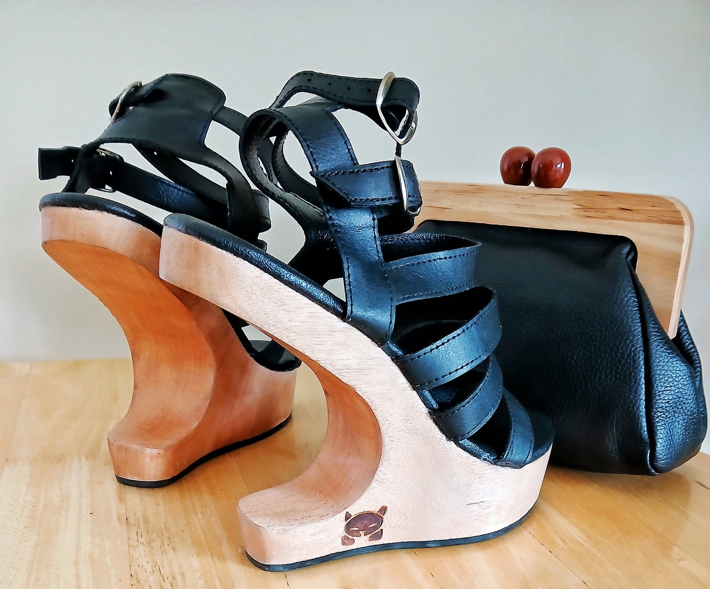 OMES Iconic Wow Factor Celebrity  ladies Gladiator Sandal Clog  shoe High Heel Strap lack. Handmade in Leather and real wood. Black