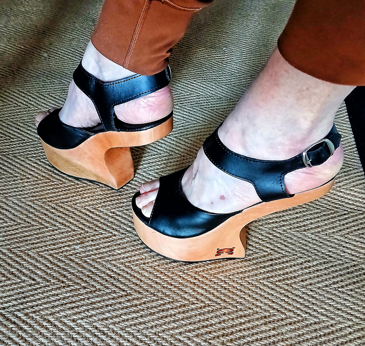 OMES Statement Piece. Legendry Wood Clog Sandals S1: Lady Gaga Style Heelless Sculpted Wooden Wedge Mule in Black