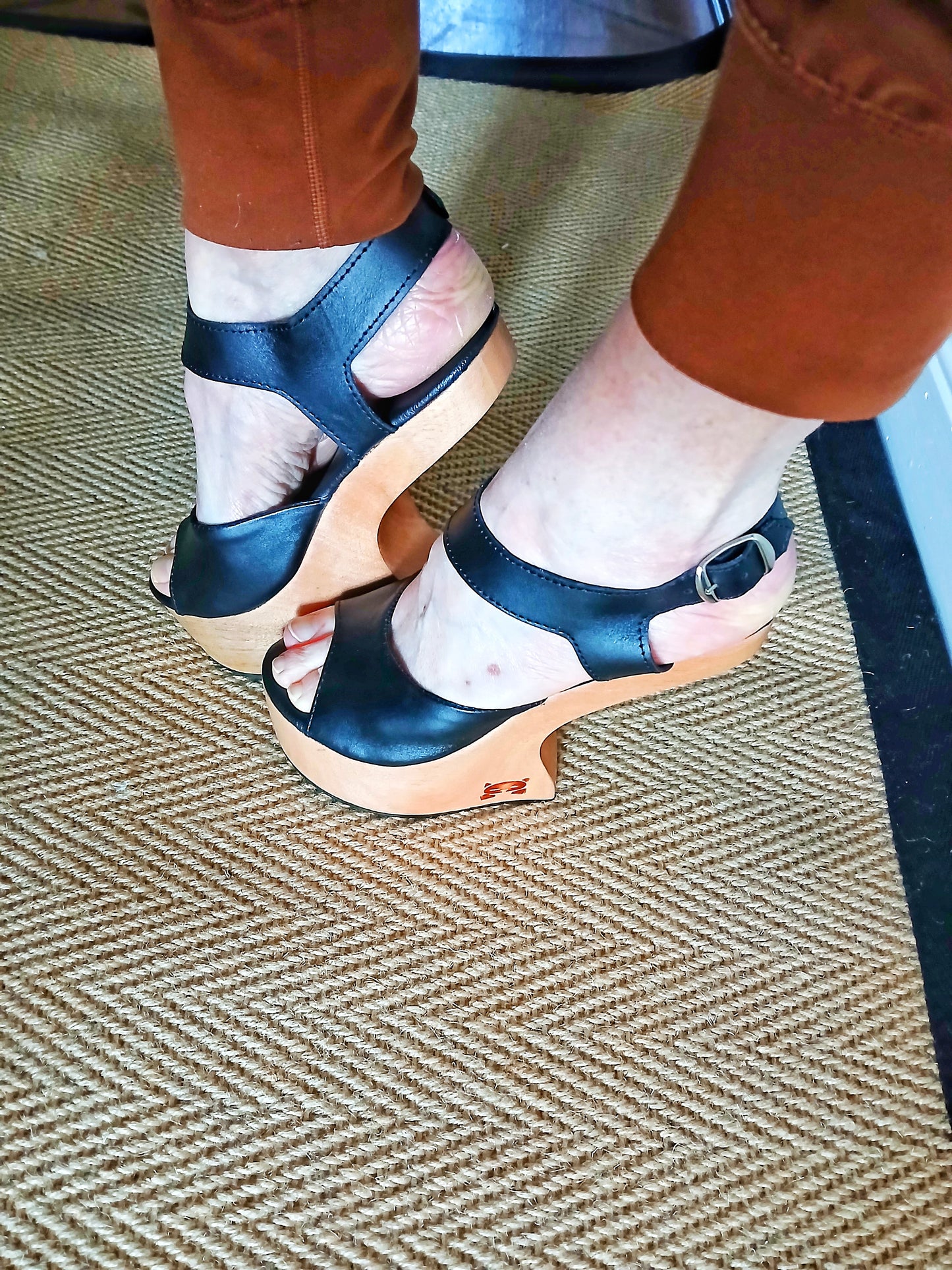 OMES Statement Piece. Legendry Wood Clog Sandals S1: Lady Gaga Style Heelless Sculpted Wooden Wedge Mule in Black