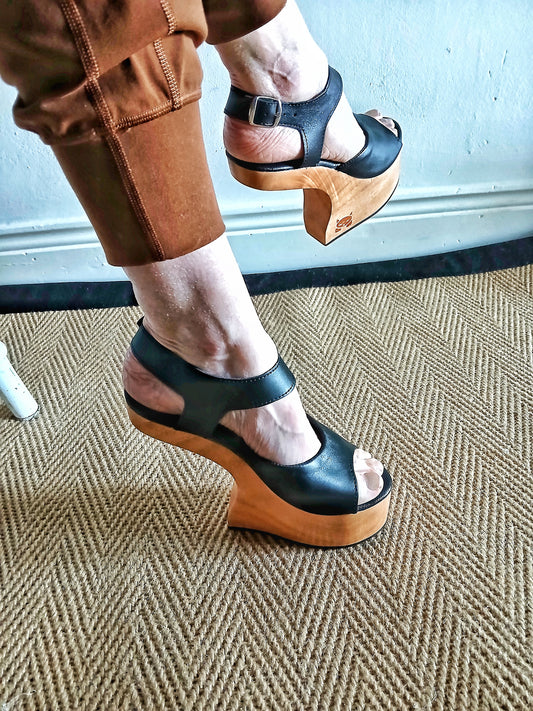 OMES Statement Piece. Legendry Wood Clog Sandals S1: Lady Gaga Style Heelless Sculpted Wooden Wedge Mule in Black