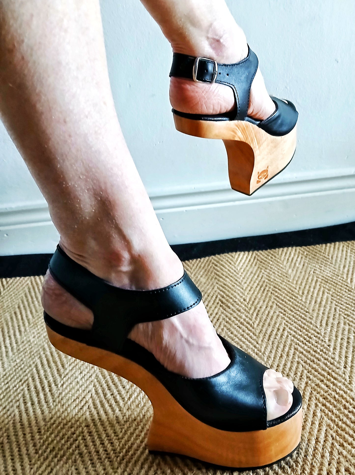 OMES Statement Piece. Legendry Wood Clog Sandals S1: Lady Gaga Style Heelless Sculpted Wooden Wedge Mule in Black