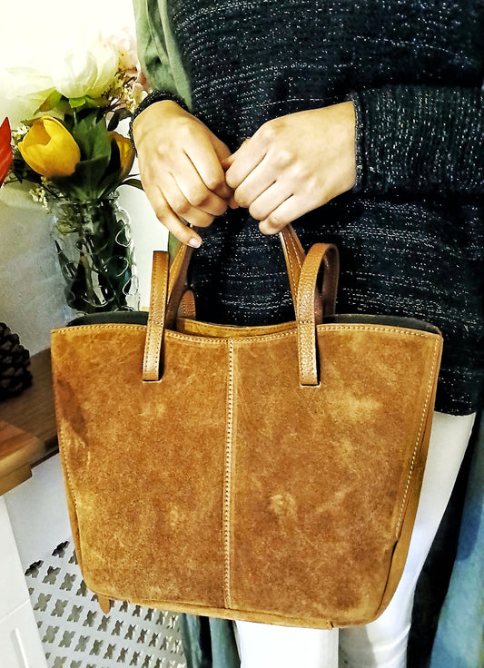 Daffi- Suede Feel Good Ladies Work Tote Bag Pure 100% Italian Leather and Simple Craftsmanship  - Cognac  Brown