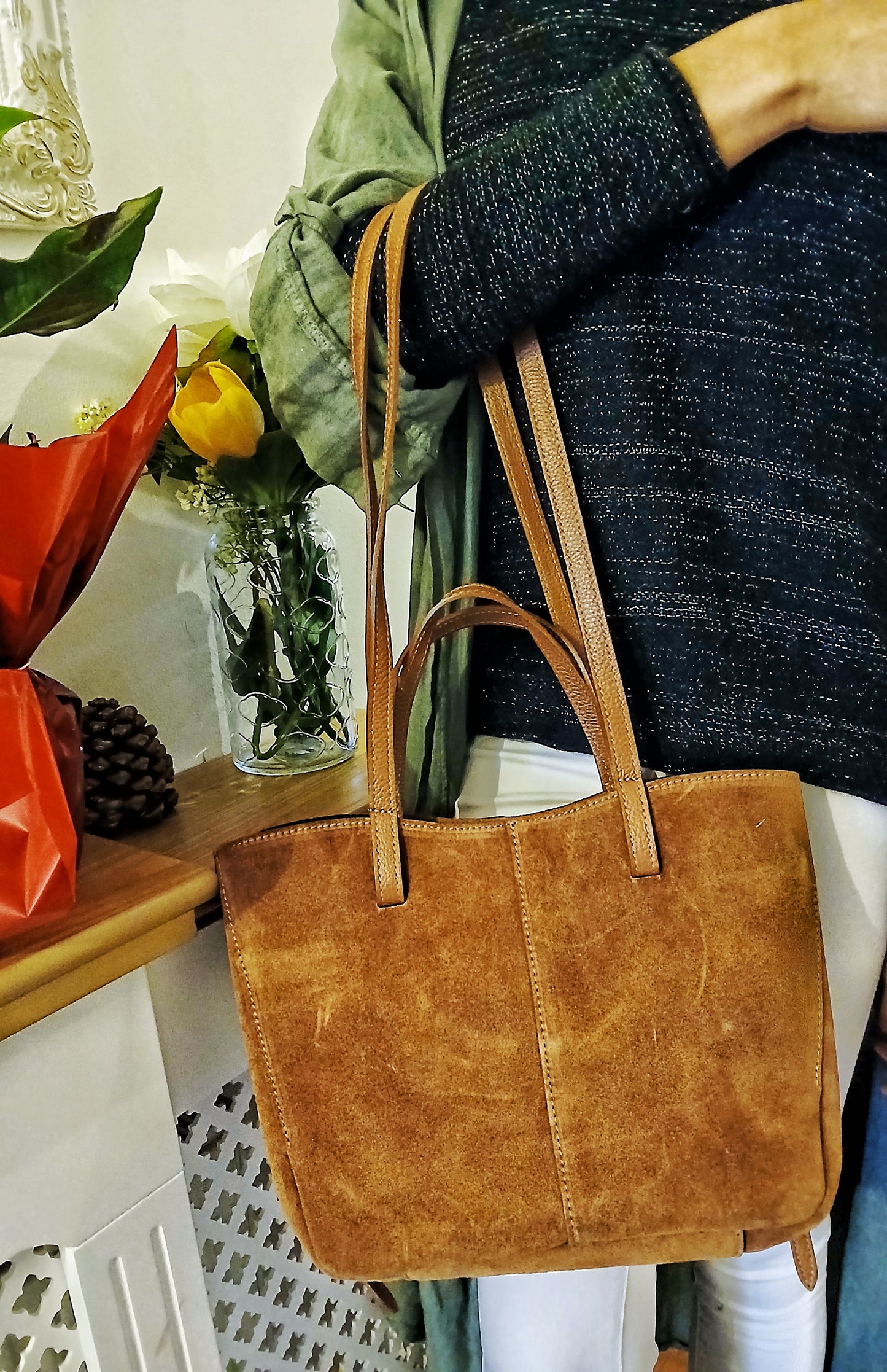 Daffi- Suede Feel Good Ladies Work Tote Bag Pure 100% Italian Leather and Simple Craftsmanship  - Cognac  Brown