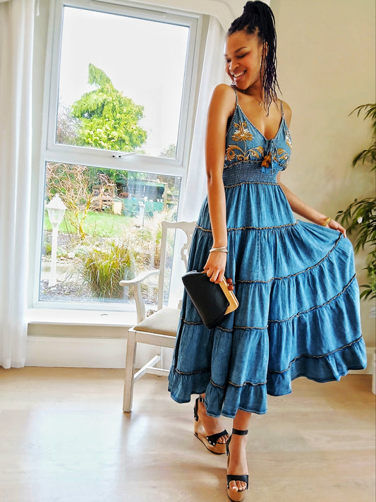 Rich and heavy Denim 100% Cotton Dress with Embroidered Details - Blue
