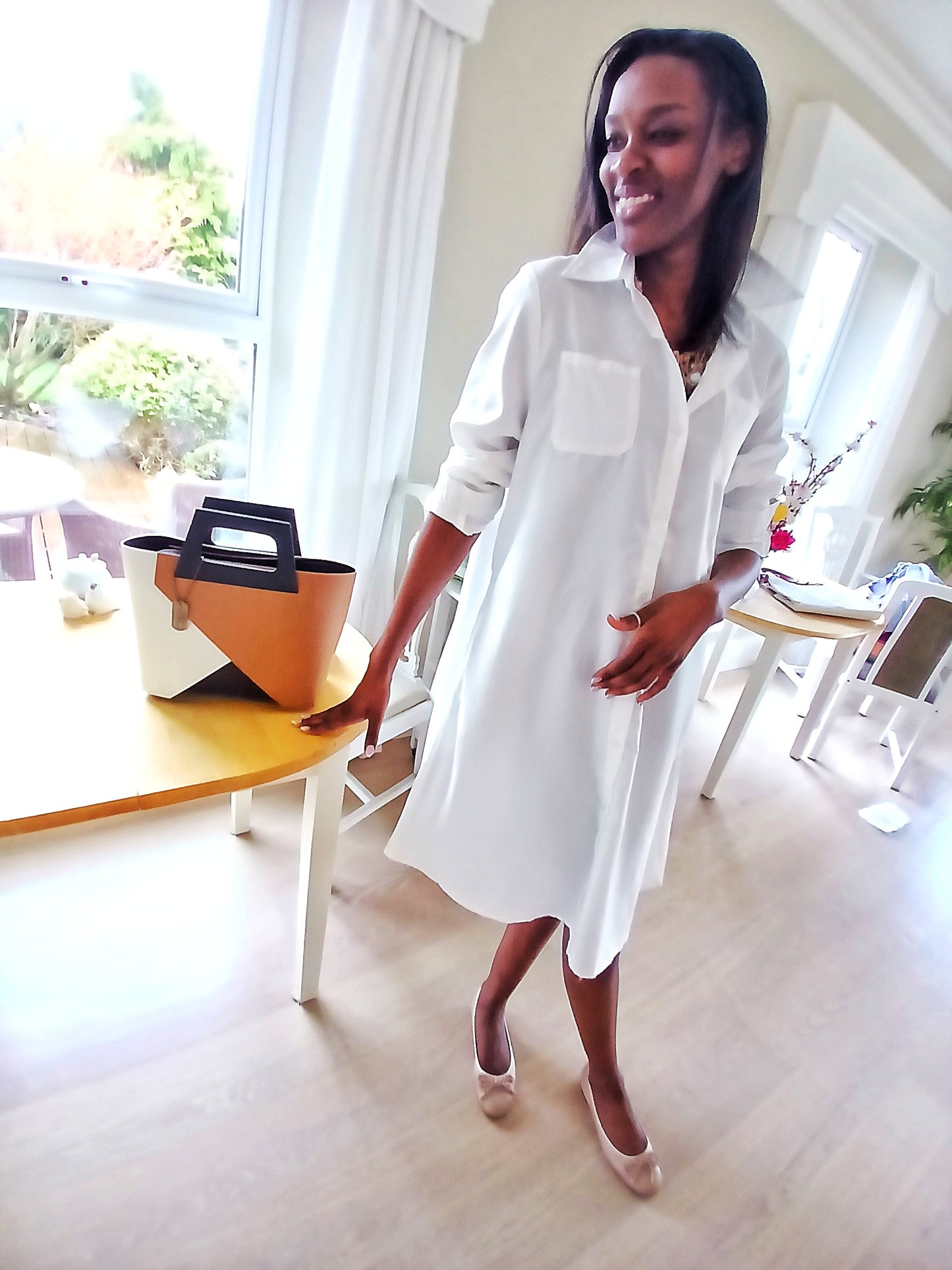 Simple Long Sleeves Solid Colour Lapel Midi Dress - WHITE