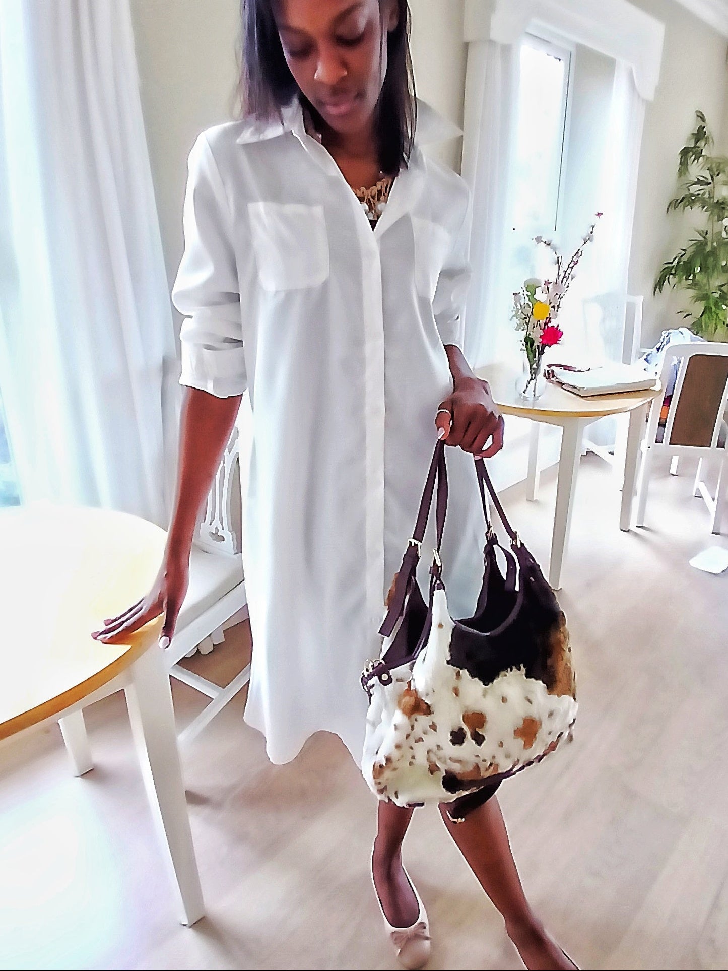 A Lovely Handmade Italian Leather craftsmanship and decorative Faux Fur Animal Print overlay Tote Bag BROWN