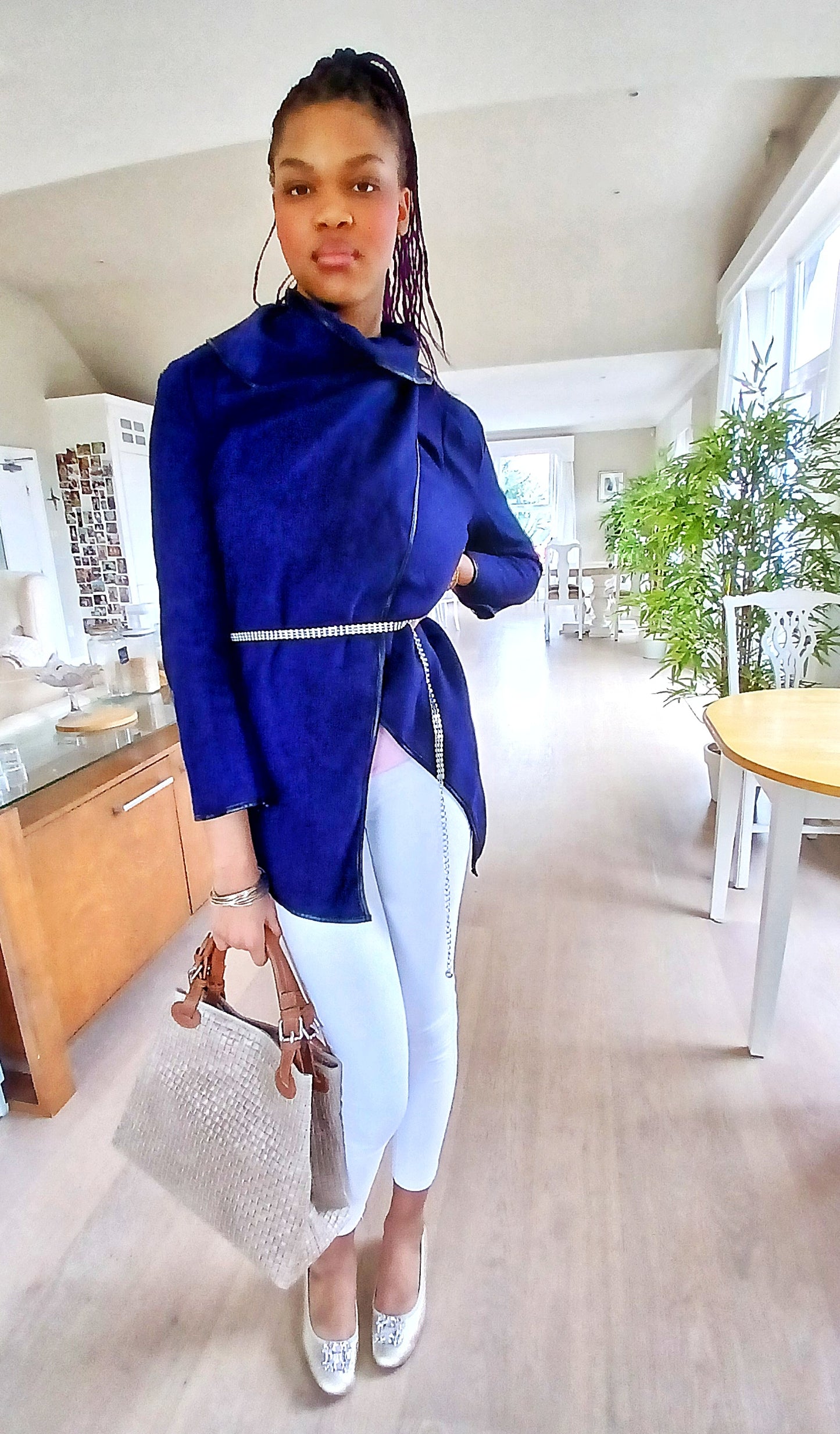 Original Stylish Asymmetric Handkerchief Design  Split-Joint High-Neck Warm Coat. NAVY BLUE