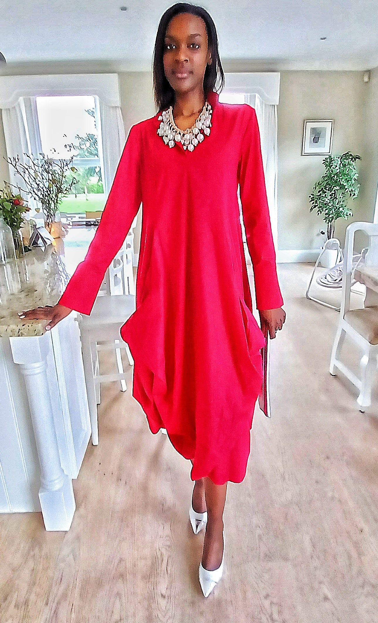 Women's asymmetrical Long Sleeved Red Draping Shirt Dress. RED