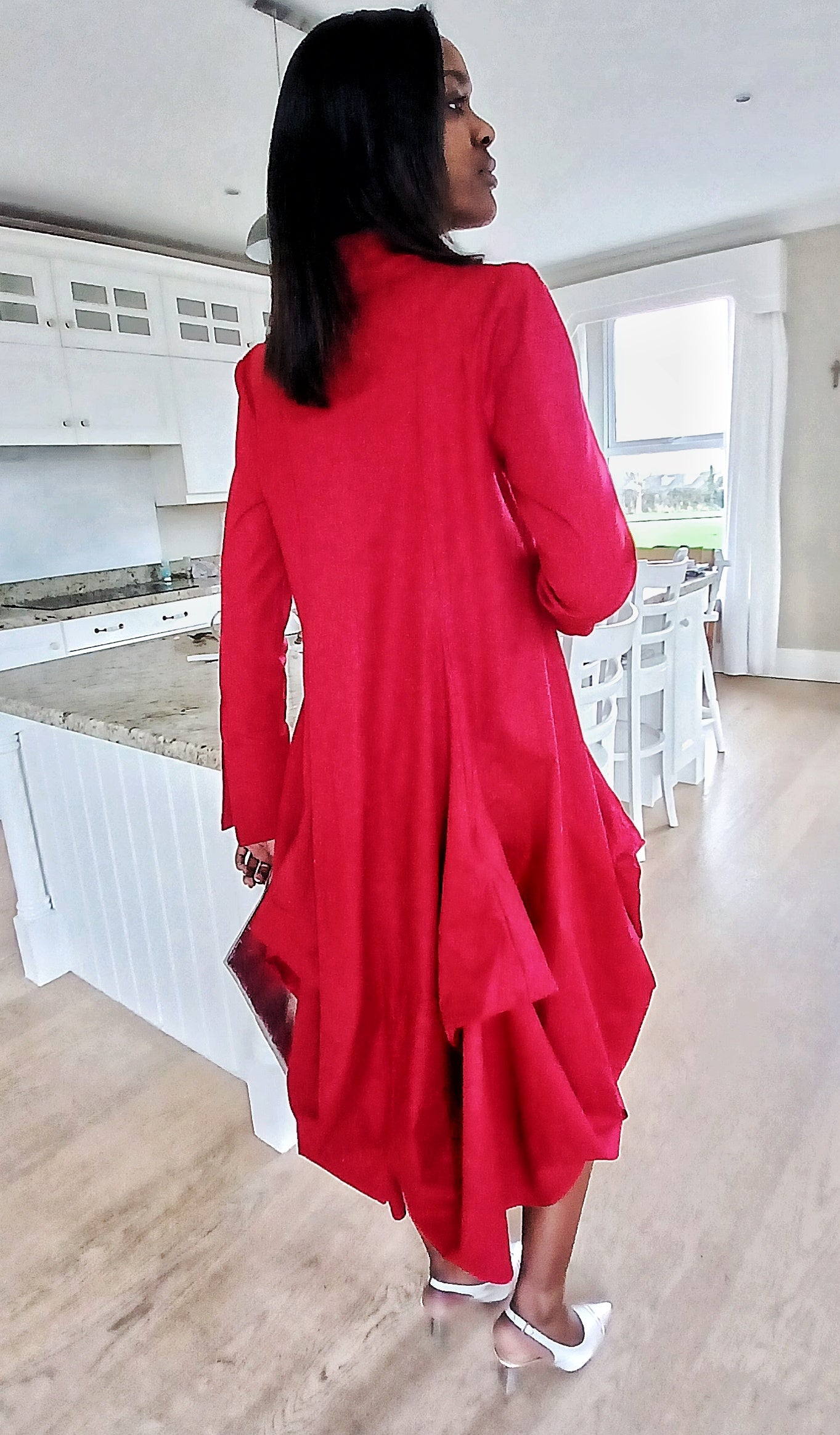 Women's asymmetrical Long Sleeved Red Draping Shirt Dress. RED