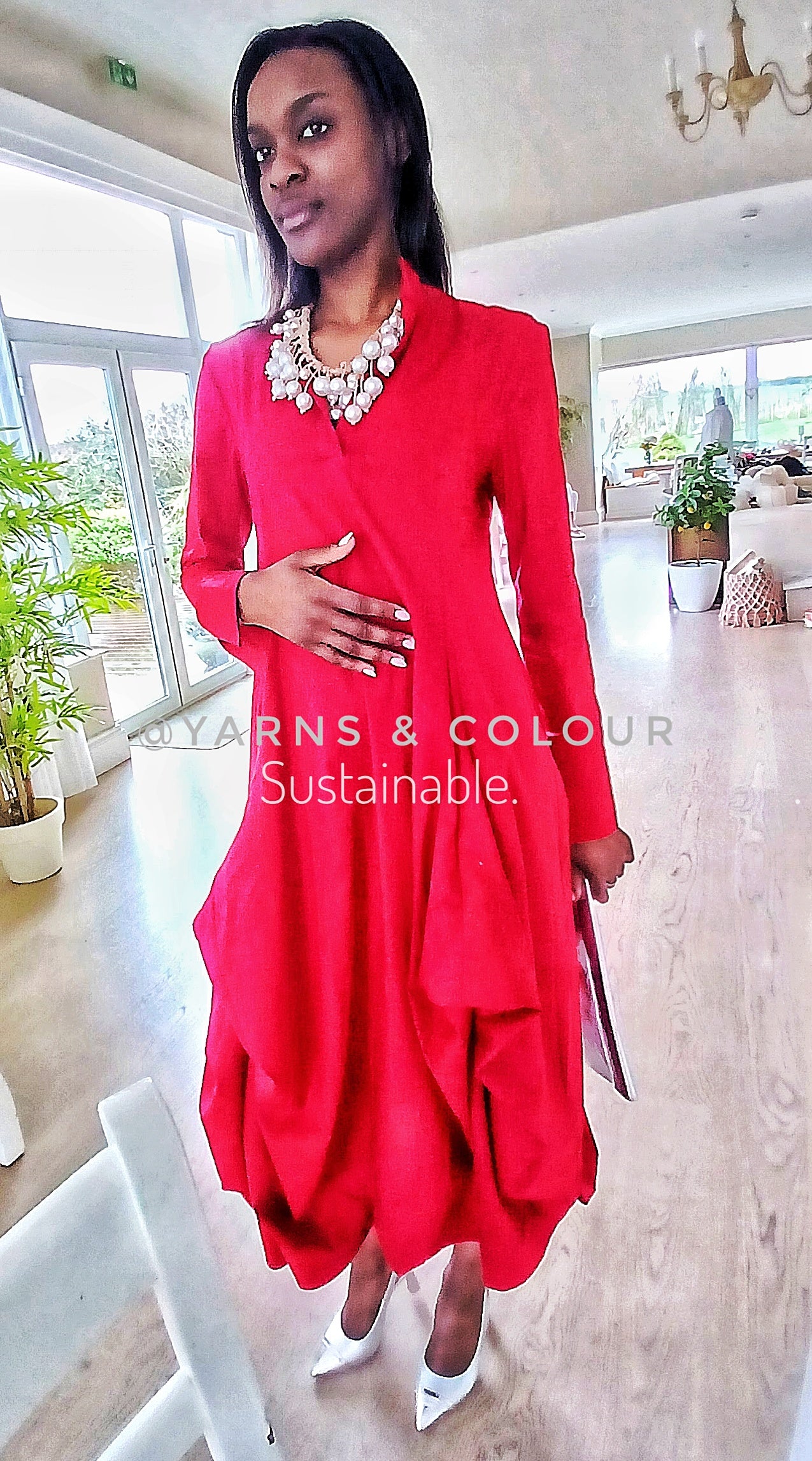 Women's asymmetrical Long Sleeved Red Draping Shirt Dress. RED