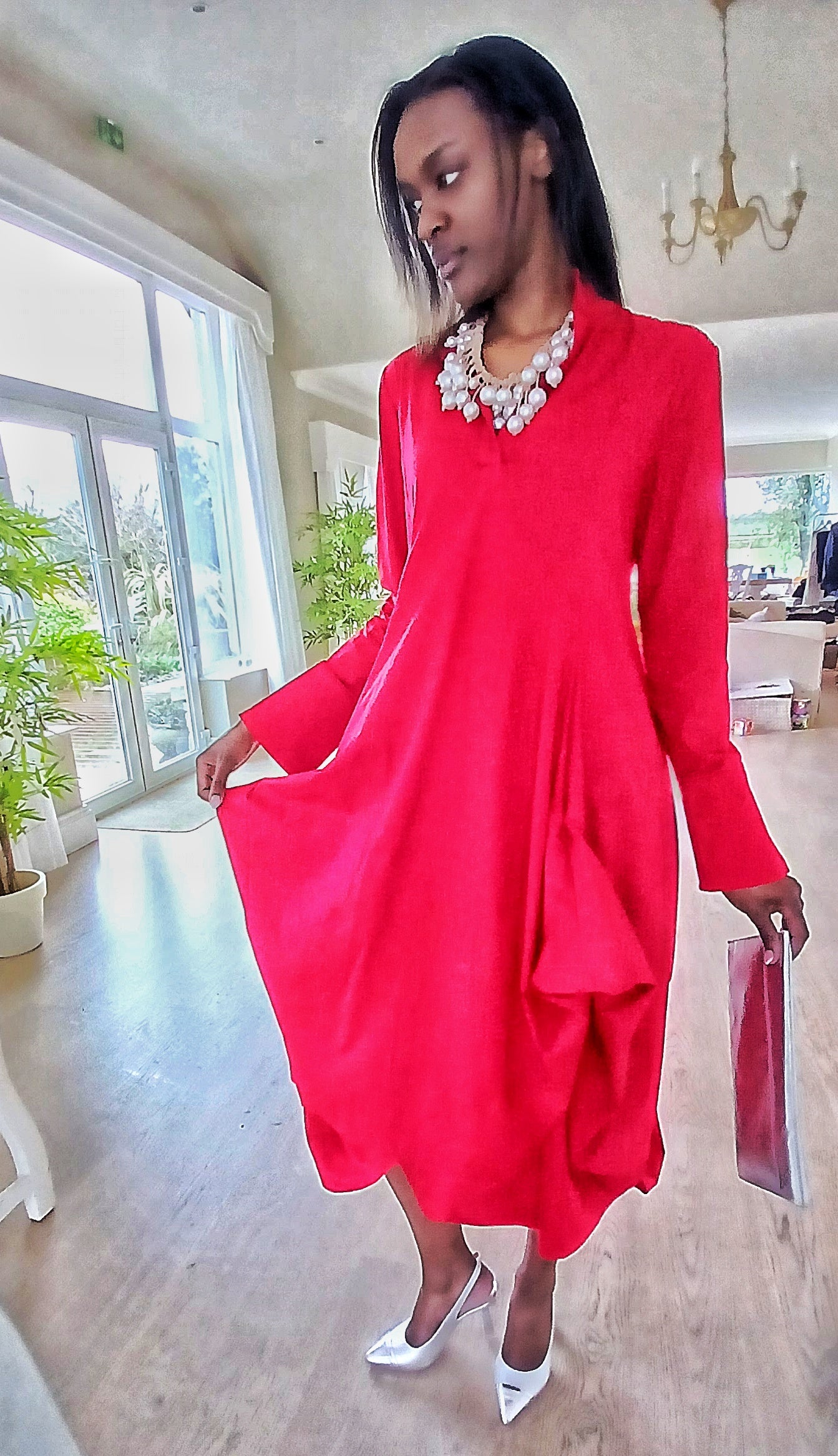 Women's asymmetrical Long Sleeved Red Draping Shirt Dress. RED