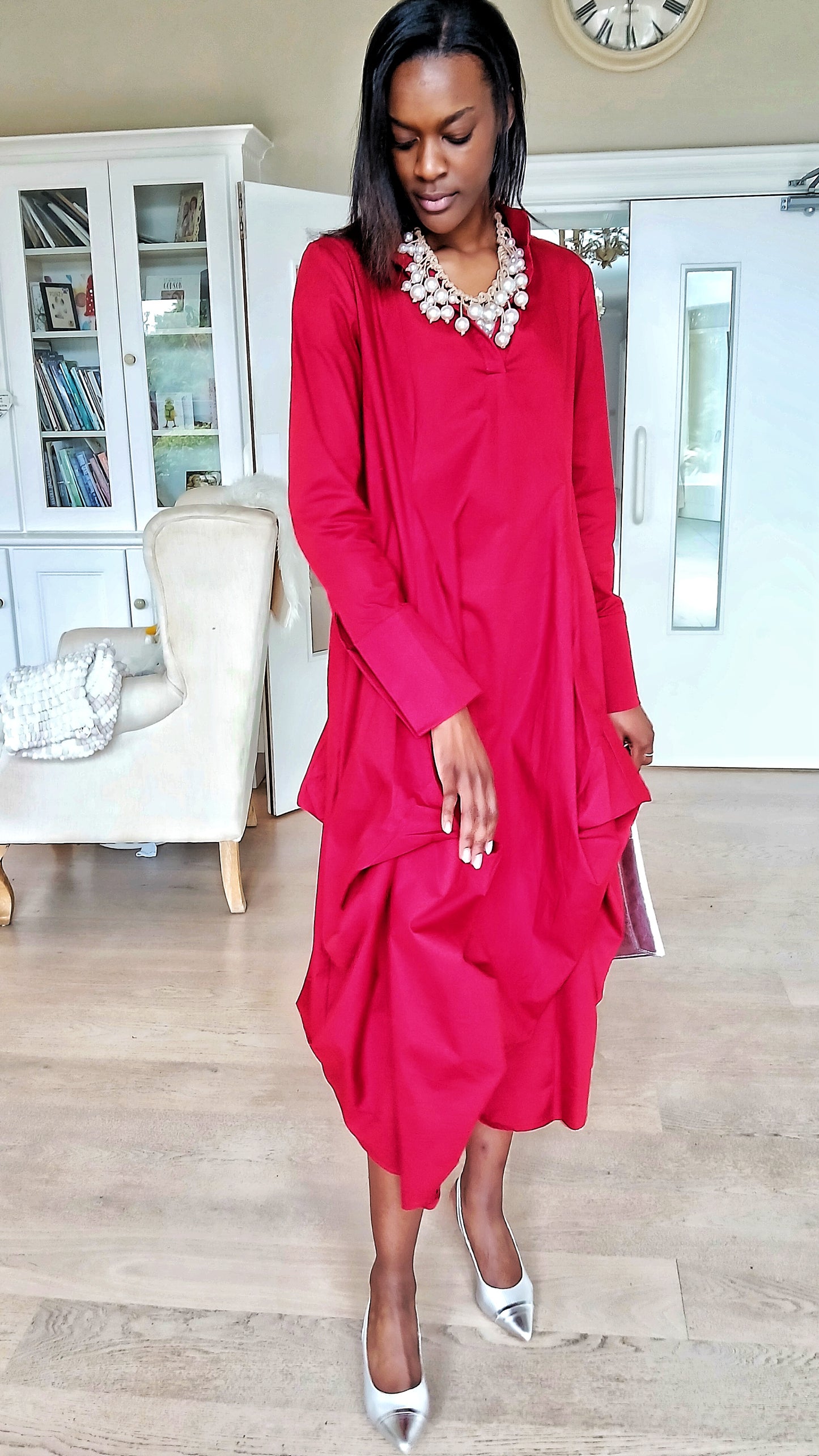 Women's asymmetrical Long Sleeved Red Draping Shirt Dress. RED
