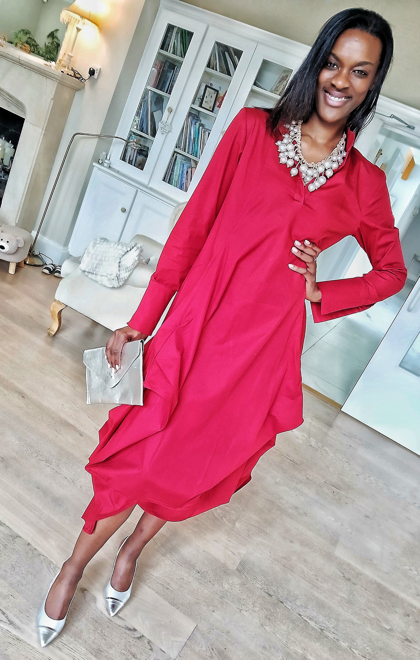 Women's asymmetrical Long Sleeved Red Draping Shirt Dress. RED