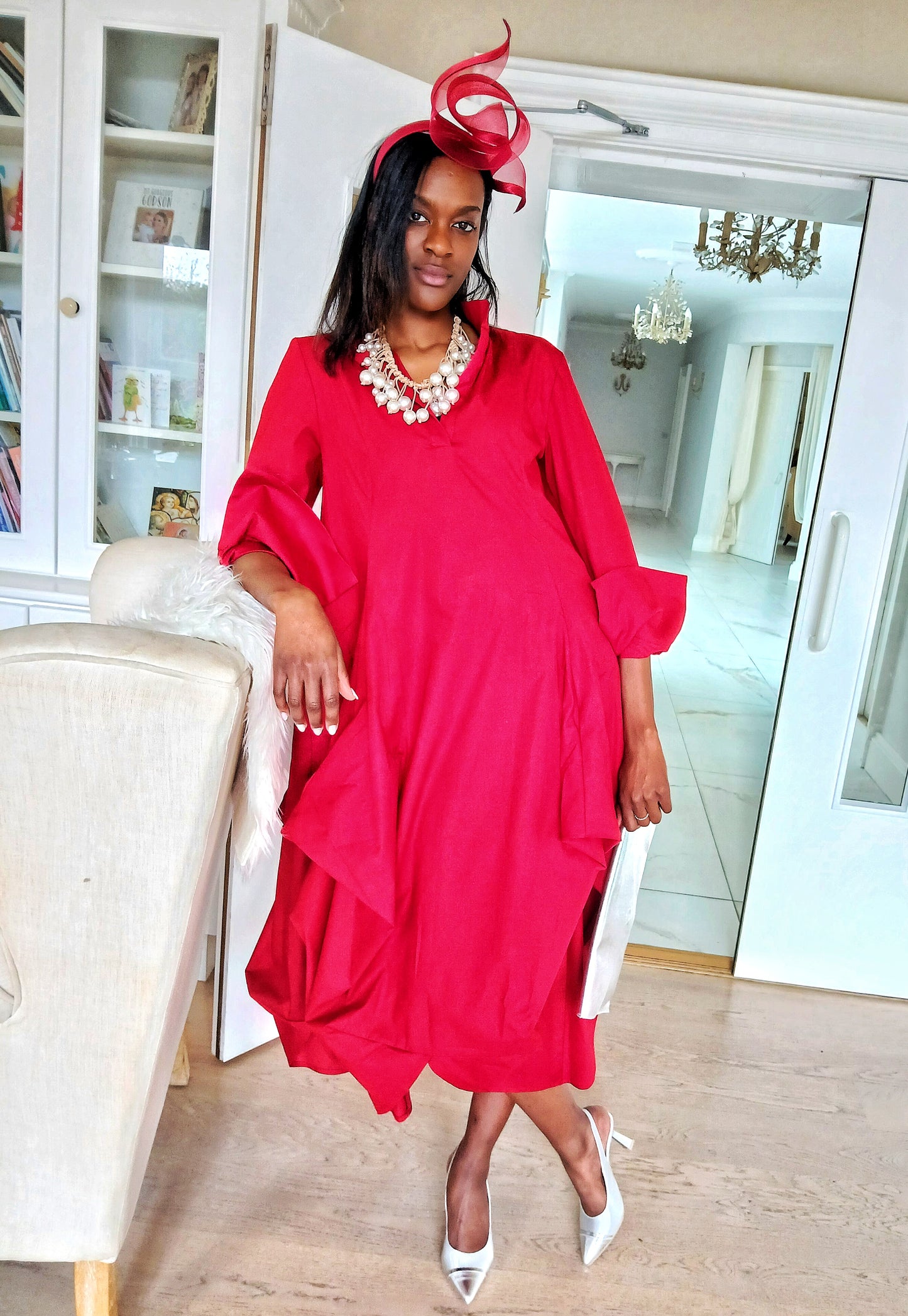 Women's asymmetrical Long Sleeved Red Draping Shirt Dress. RED