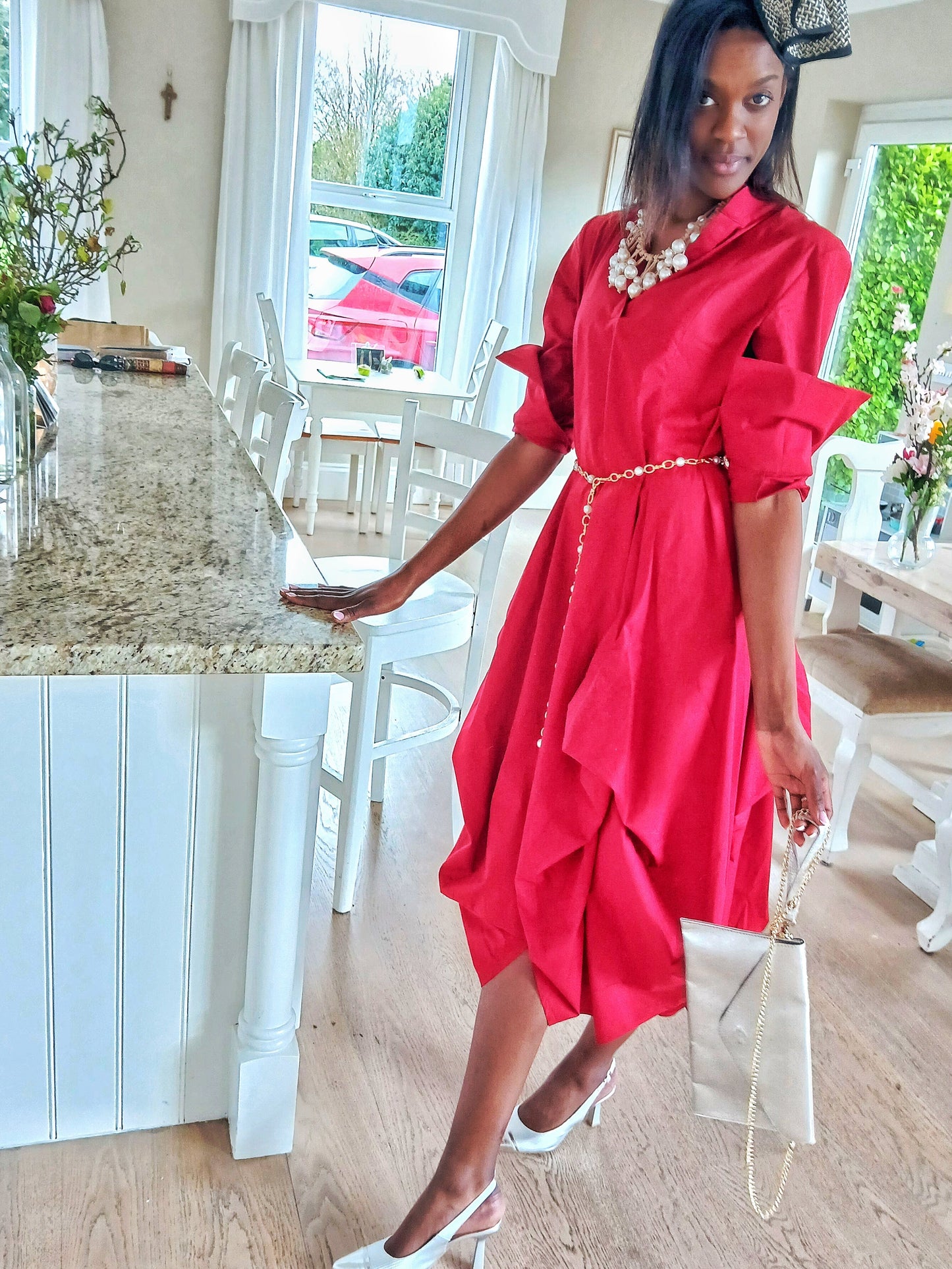 Women's asymmetrical Long Sleeved Red Draping Shirt Dress. RED