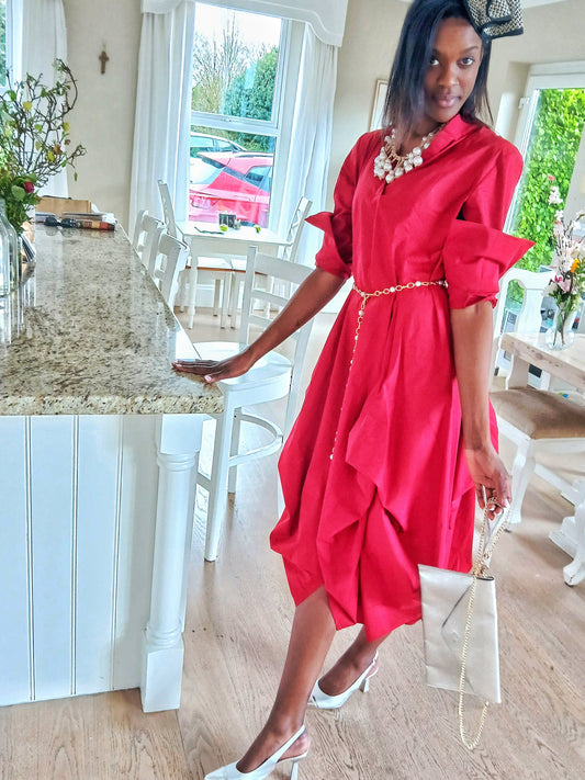 Women's asymmetrical Long Sleeved Red Draping Shirt Dress. RED