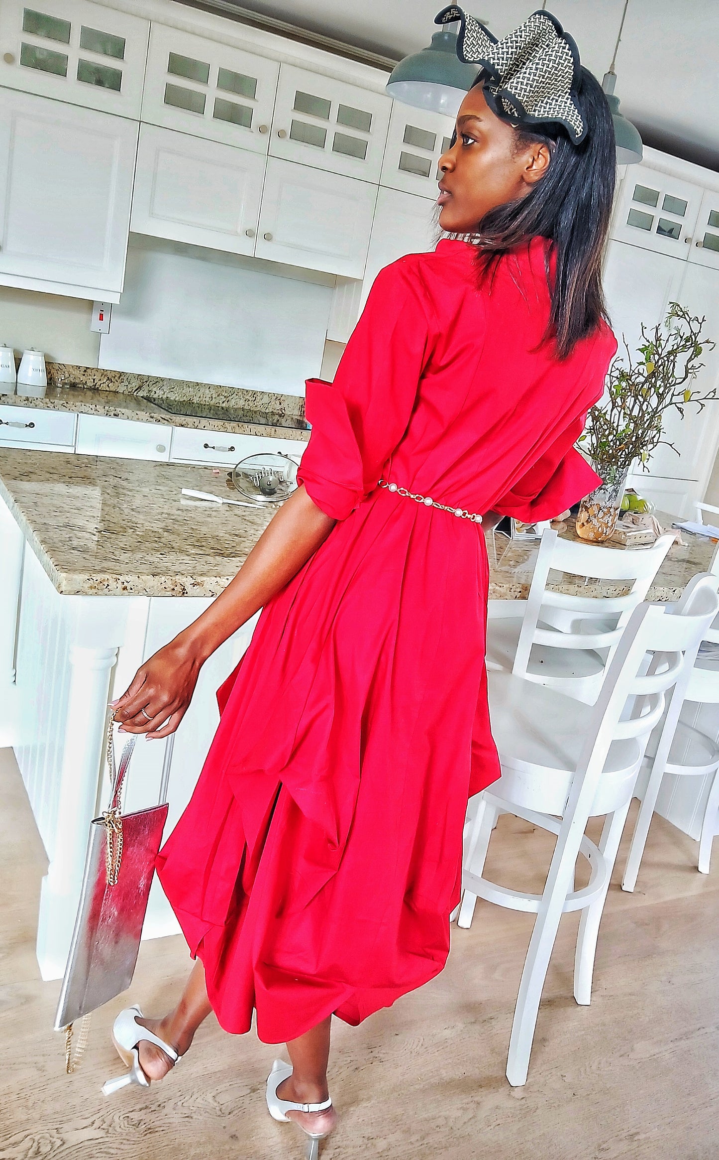 Women's asymmetrical Long Sleeved Red Draping Shirt Dress. RED