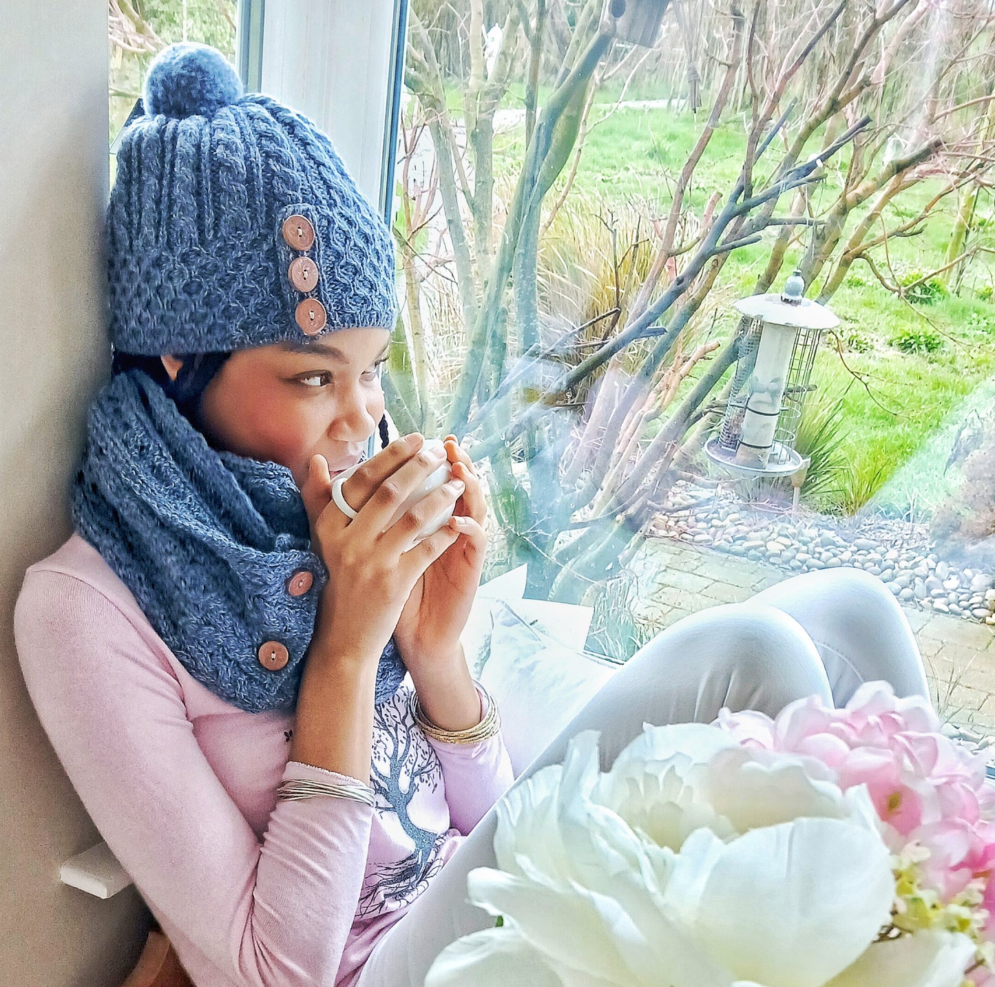 Kilmaine Aran Snood Scarf with Buttons - Denim Blue