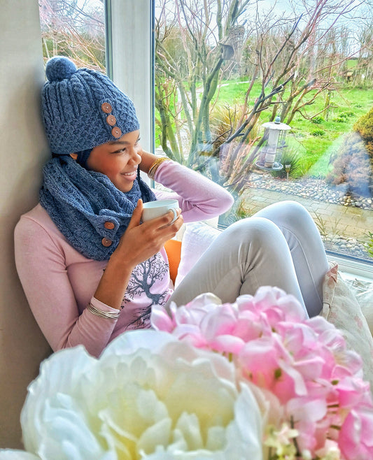 True Irish Shrule Aran Warm Beautiful Ladies Winter  Hat with Pom Pom - Blue Denim Colour