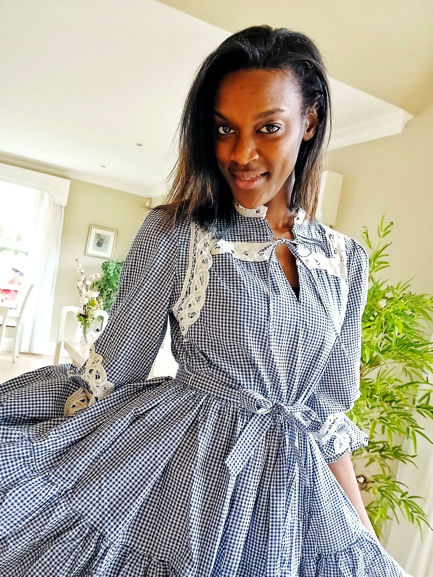 Lace-Trimmed Tiered Gingham Mini Dress 100% Cotton Cutie Ladies party Dress