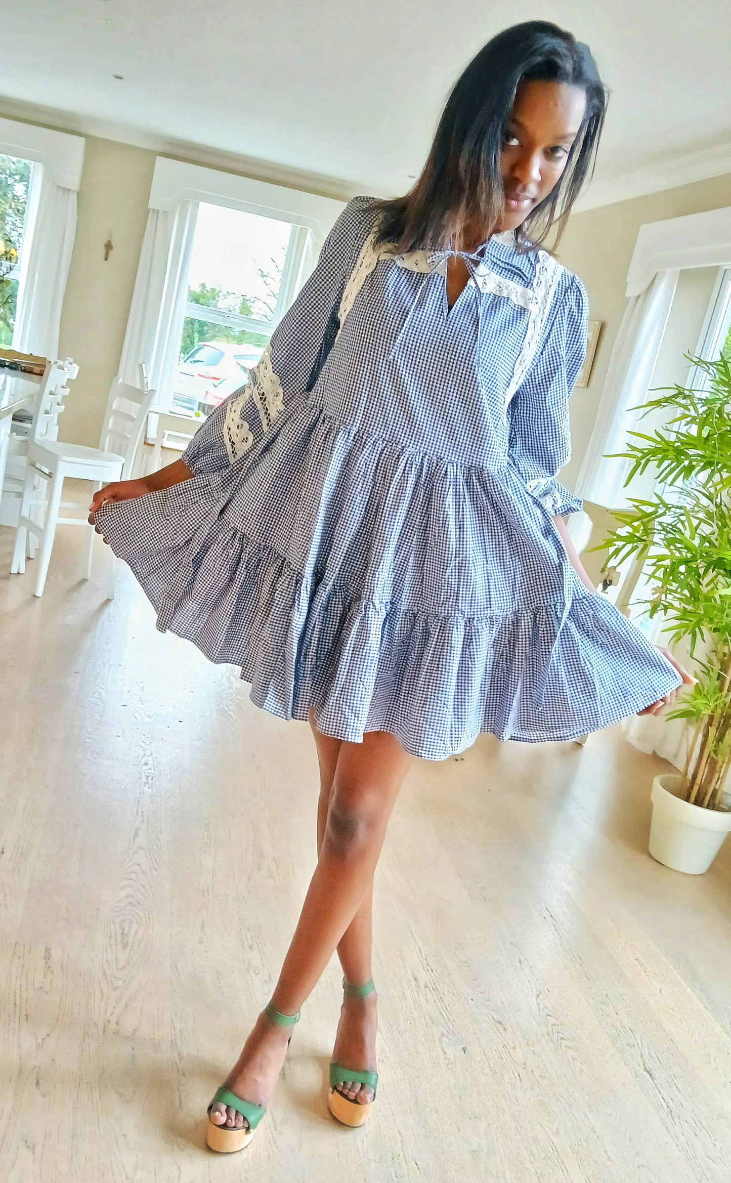 Lace-Trimmed Tiered Gingham Mini Dress 100% Cotton Cutie Ladies party Dress