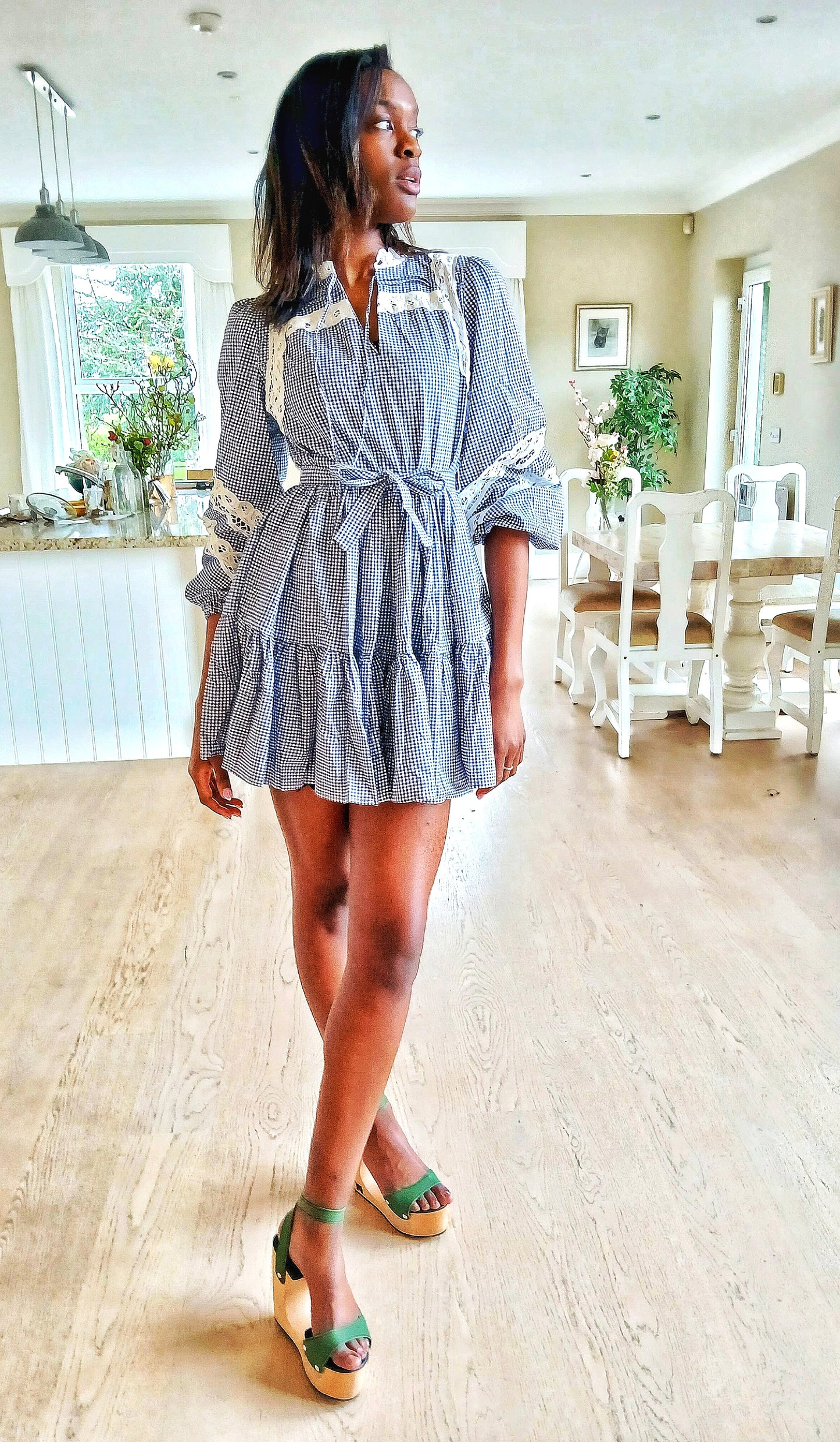 Lace-Trimmed Tiered Gingham Mini Dress 100% Cotton Cutie Ladies party Dress