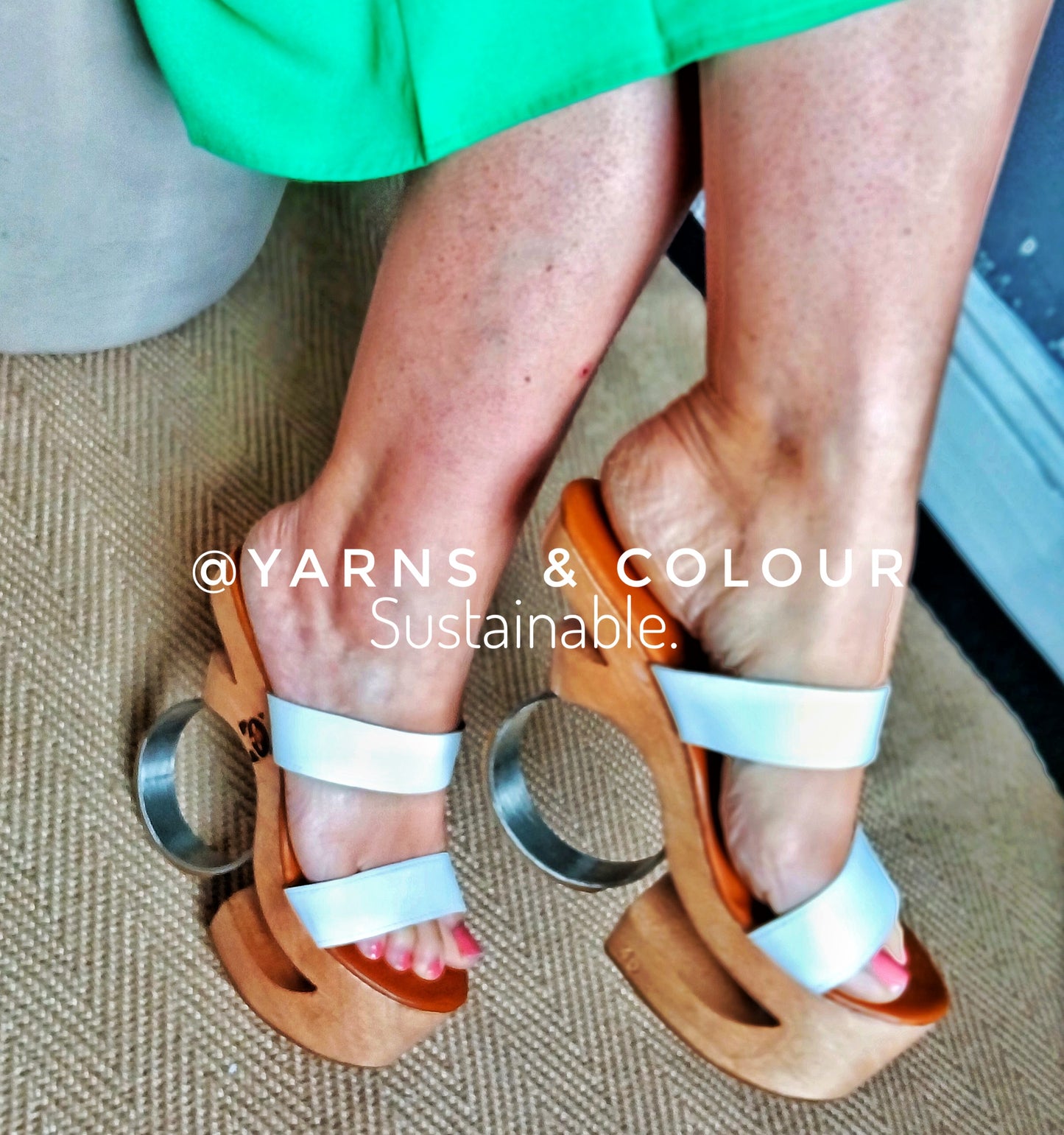 Metal: Round Iron Heels Wooden clog Platform, Show Stopper, White leather Strap
