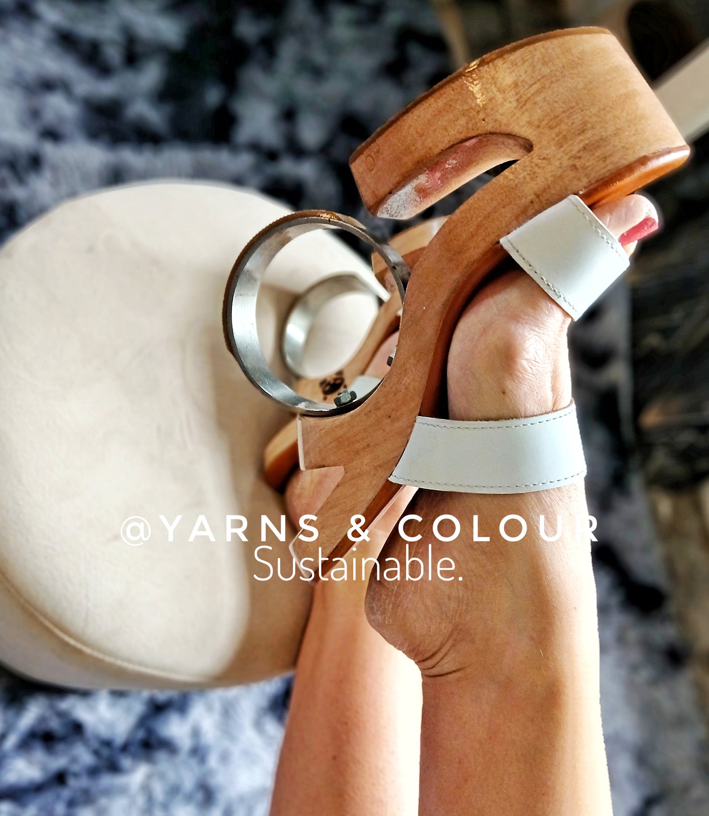 Metal: Round Iron Heels Wooden clog Platform, Show Stopper, White leather Strap