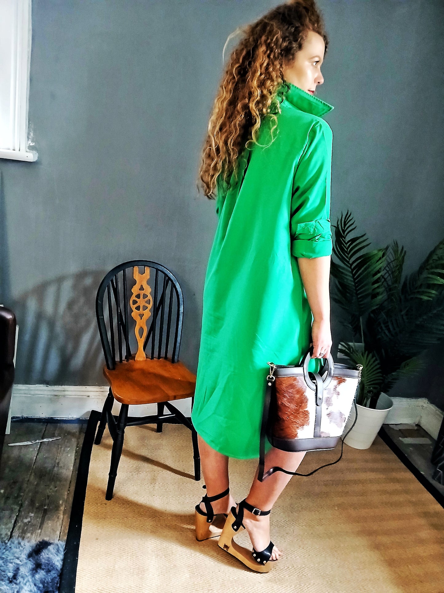 Simple Long Sleeves Solid Colour Lapel Midi Shirt Dress - BLACK