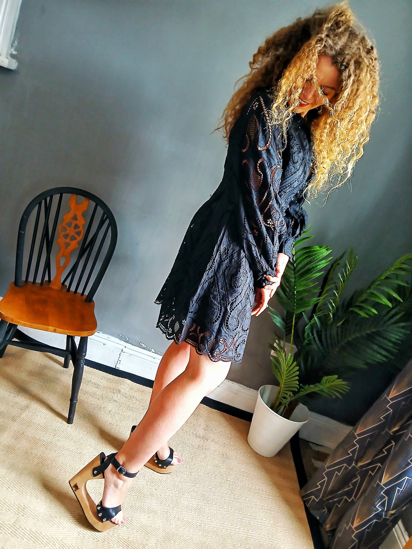The Fabulous Bridge Wood Platform and Leather Sandals  Handmade Carved Wooden Heel Leather Mules, Black