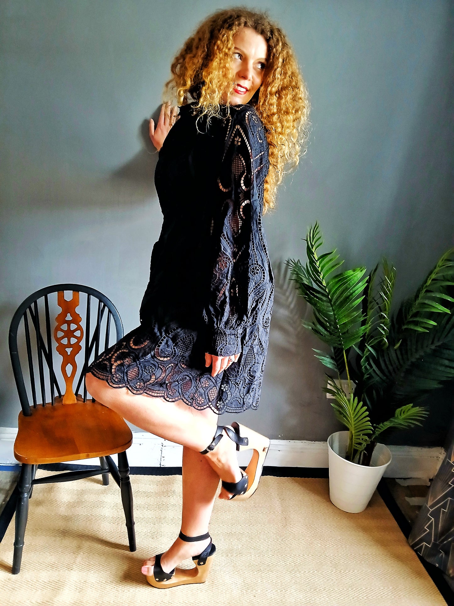 The Fabulous Bridge Wood Platform and Leather Sandals  Handmade Carved Wooden Heel Leather Mules, Black