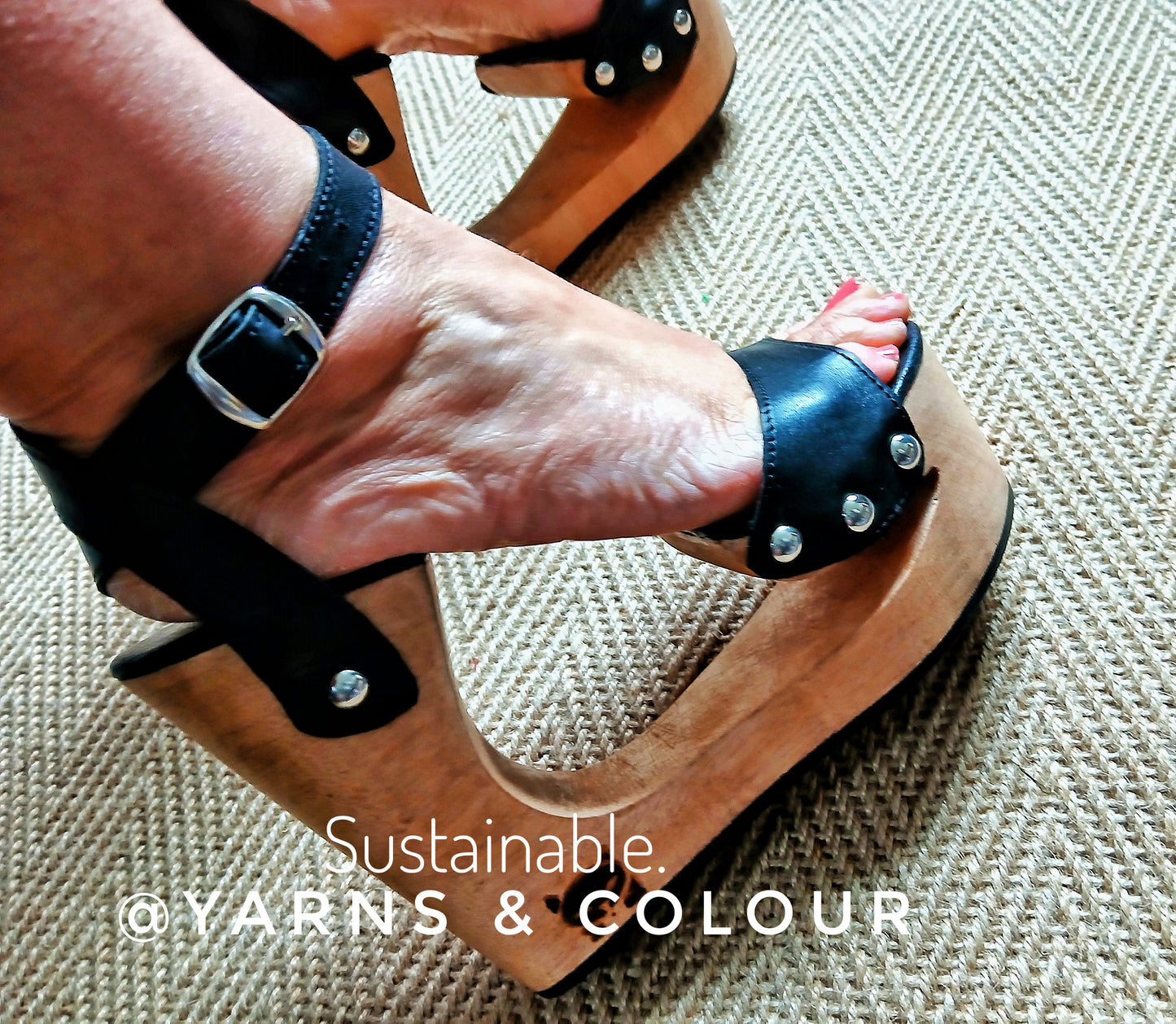 The Fabulous Bridge Wood Platform and Leather Sandals  Handmade Carved Wooden Heel Leather Mules, Black