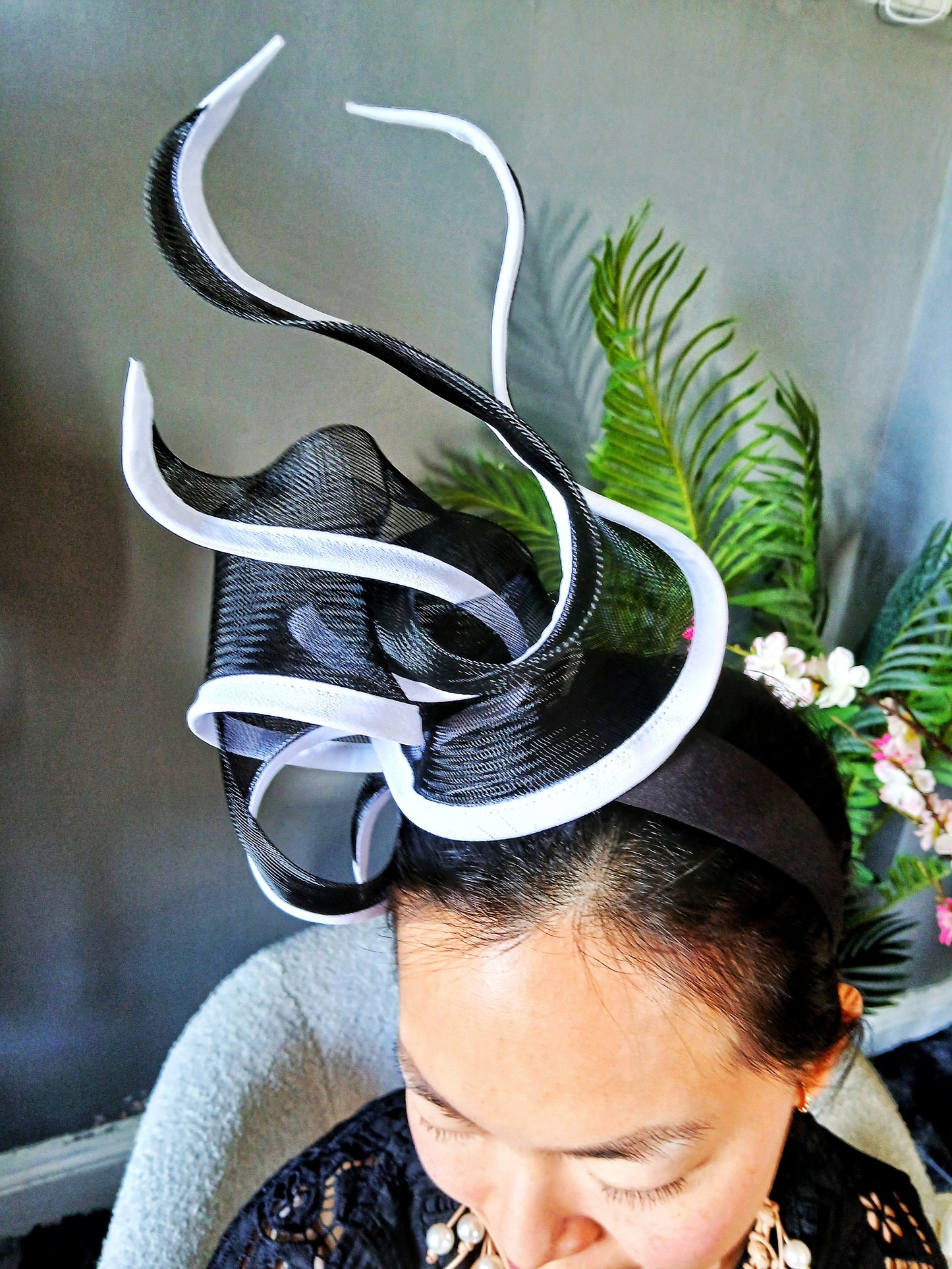 Bespoke Tall Flame Style Fascinator By Fillies Collection - Black and White