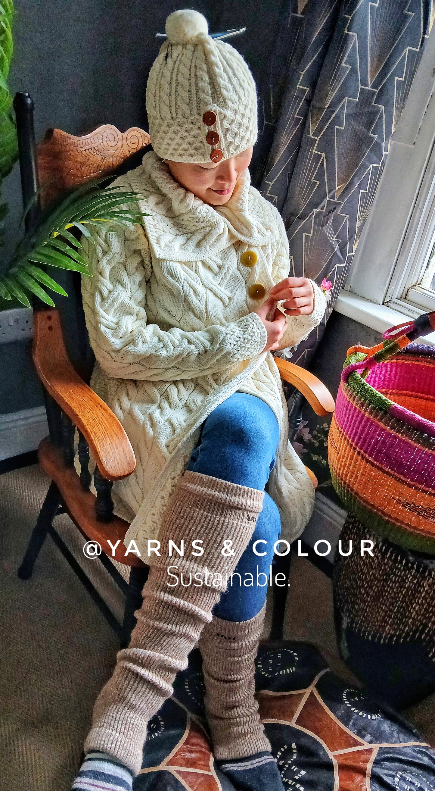 Irish Aran handmade Warm 100% Merino  Wool Carraig Ladies Aran Cardigan - Cream with Flap neck opening