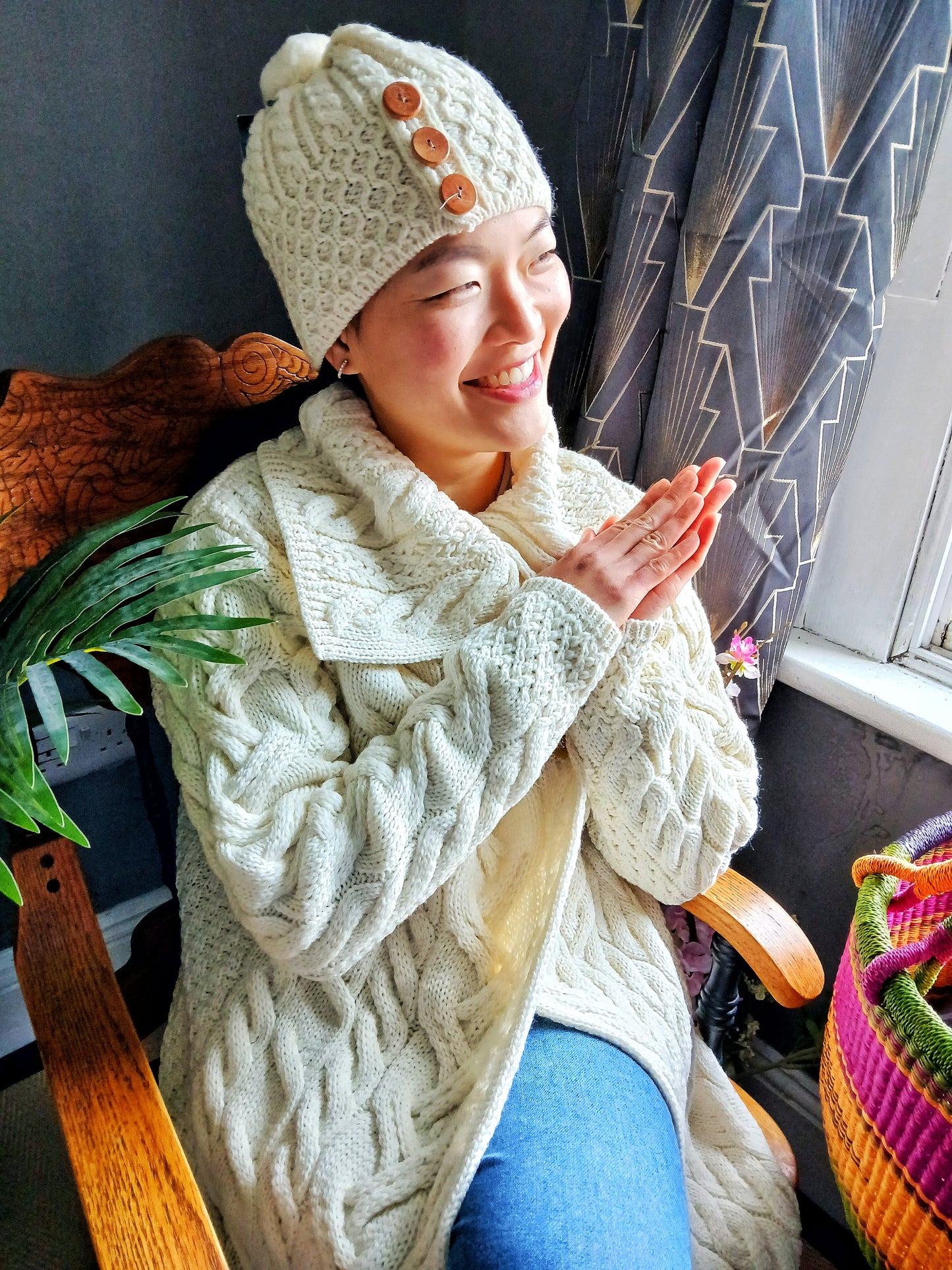 Irish Aran handmade Warm 100% Merino  Wool Carraig Ladies Aran Cardigan - Cream with Flap neck opening