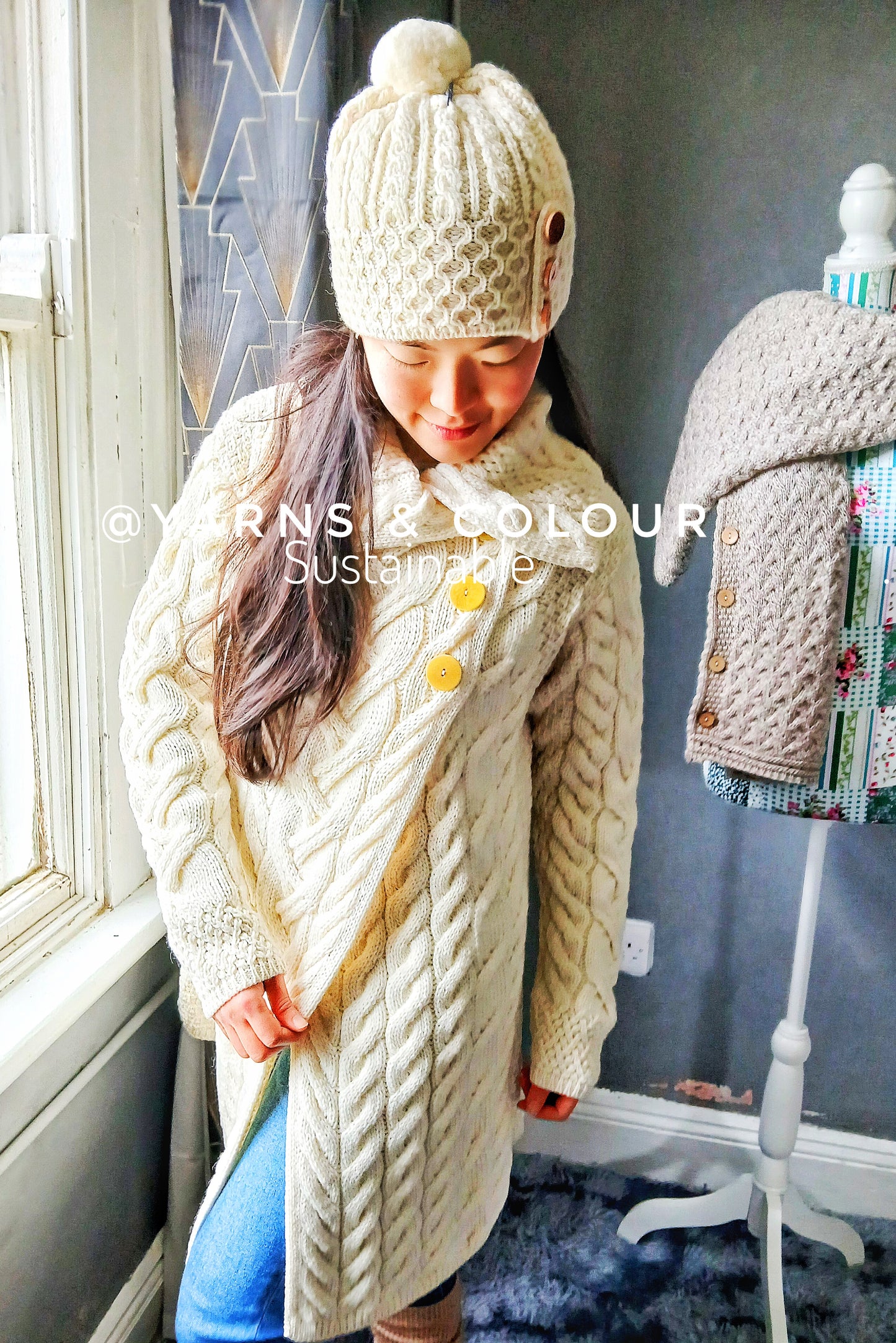 Irish Aran handmade Warm 100% Merino  Wool Carraig Ladies Aran Cardigan - Cream with Flap neck opening