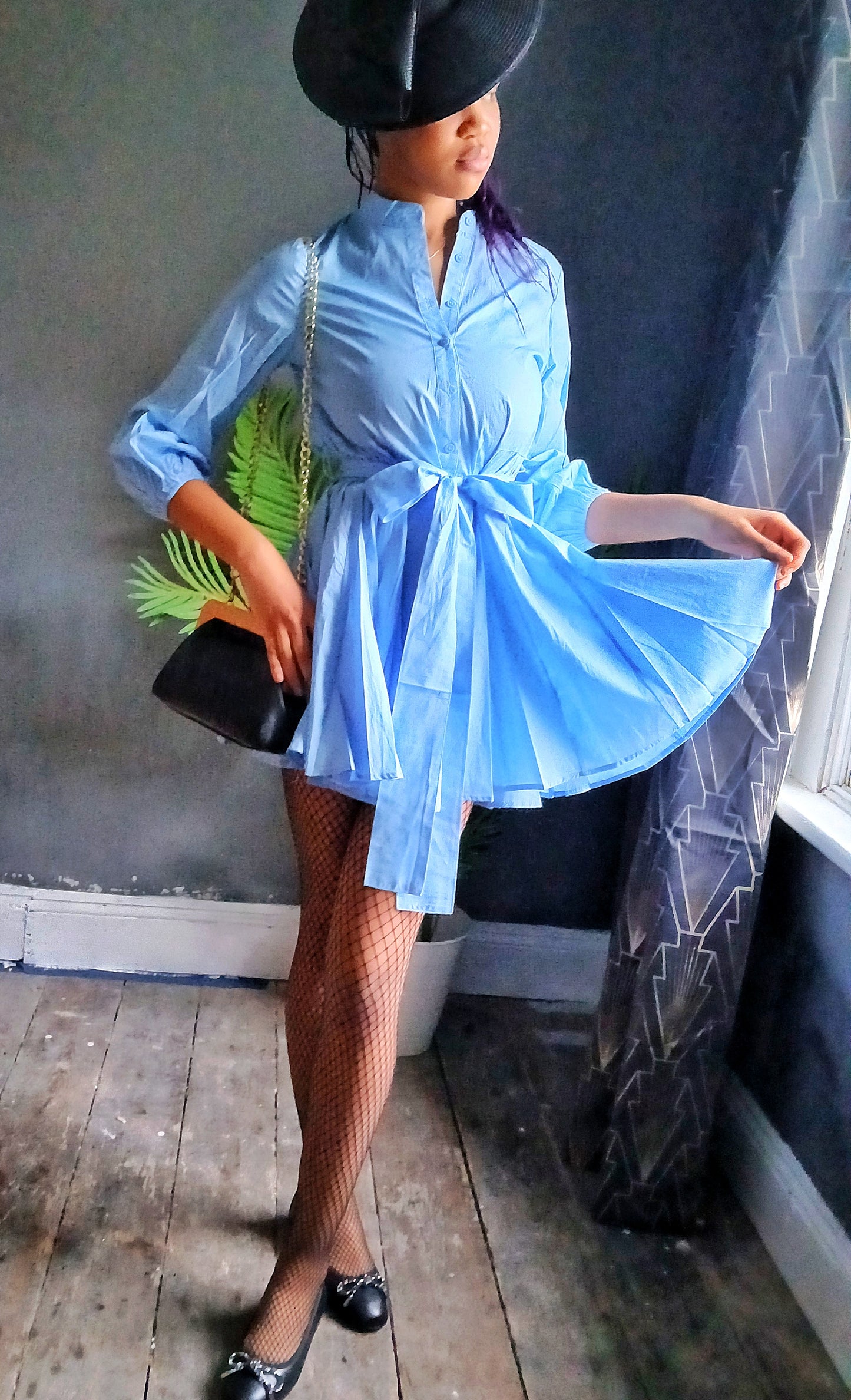A Cute Flared Short Dress 100% Cotton - Sky Blue with small Bishop long sleeve