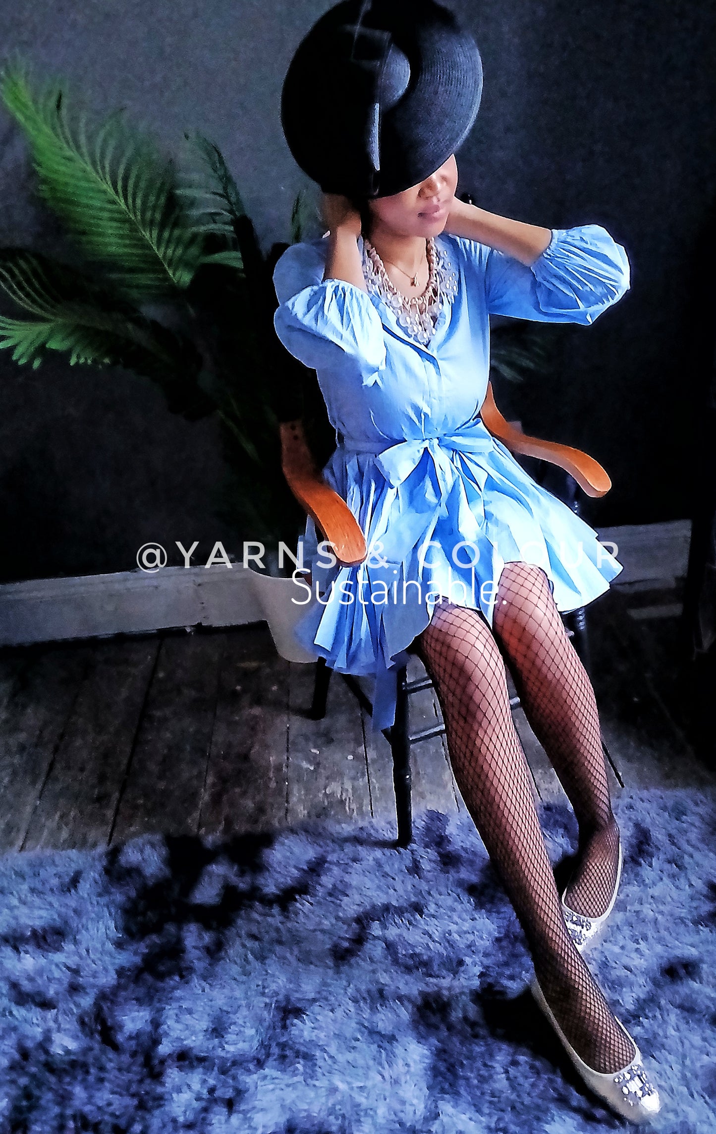 A Cute Flared Short Dress 100% Cotton - Sky Blue with small Bishop long sleeve