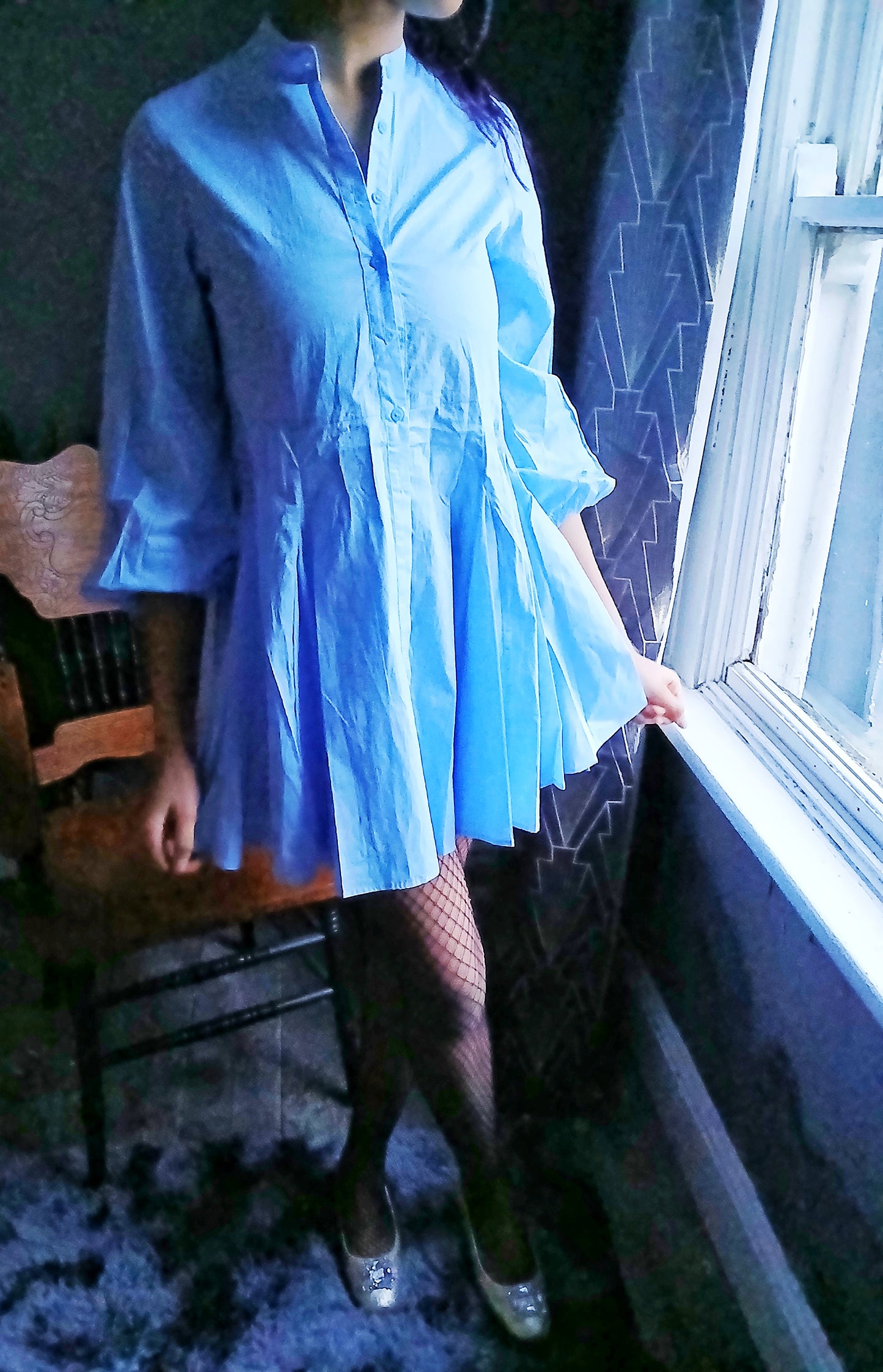 A Cute Flared Short Dress 100% Cotton - Sky Blue with small Bishop long sleeve
