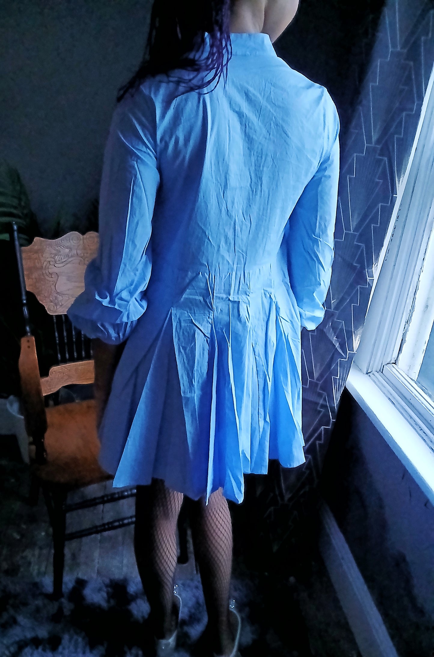 A Cute Flared Short Dress 100% Cotton - Sky Blue with small Bishop long sleeve