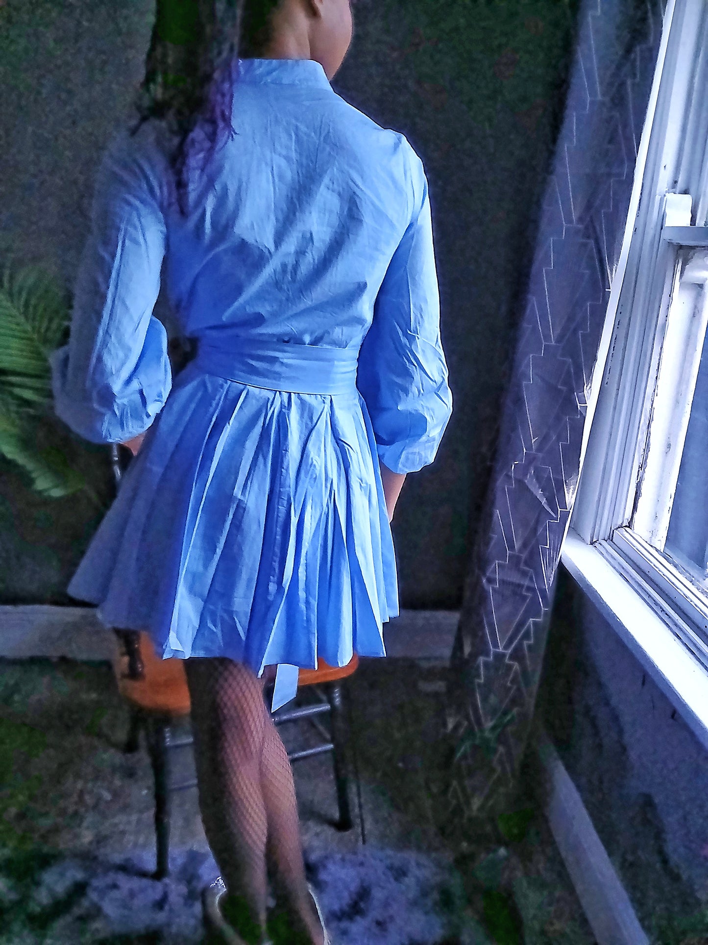 A Cute Flared Short Dress 100% Cotton - Sky Blue with small Bishop long sleeve