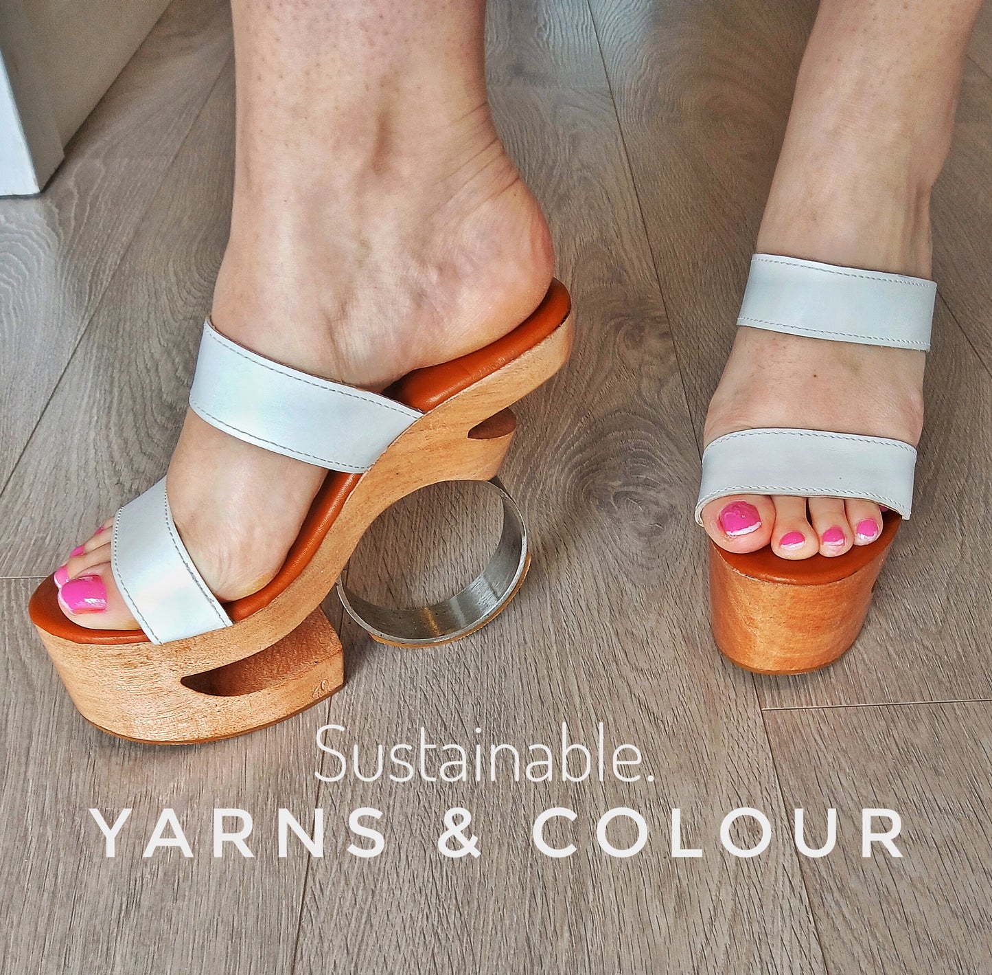 Metal: Round Iron Heels Wooden clog Platform, Show Stopper, White leather Strap