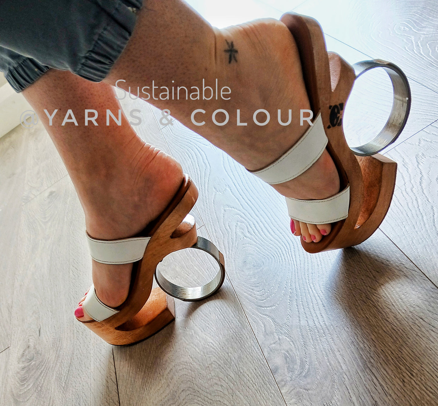 Metal: Round Iron Heels Wooden clog Platform, Show Stopper, White leather Strap