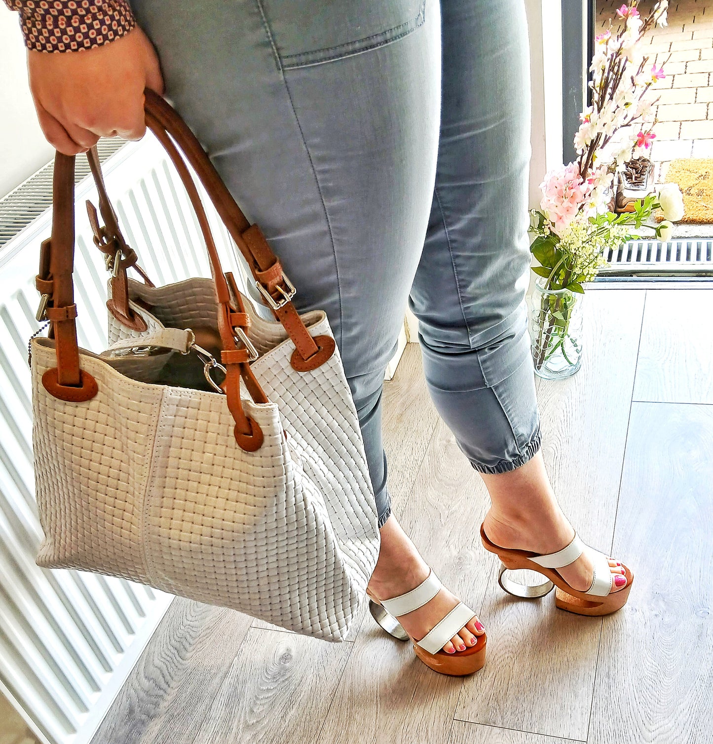 Metal: Round Iron Heels Wooden clog Platform, Show Stopper, White leather Strap