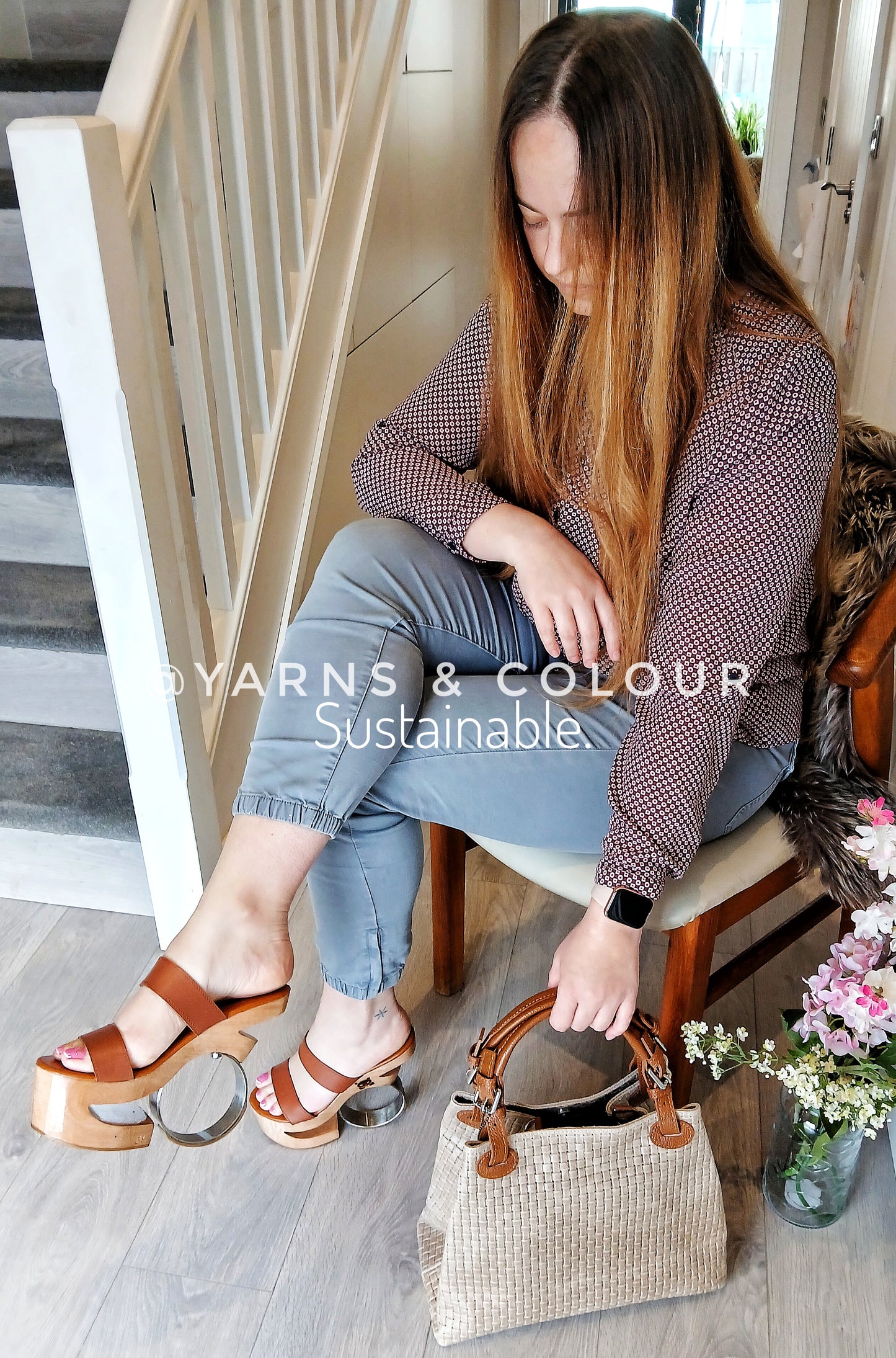 Metal: Round Iron Heels Wooden clog Platform, Show Stopper, Tan Brown Leather Straps