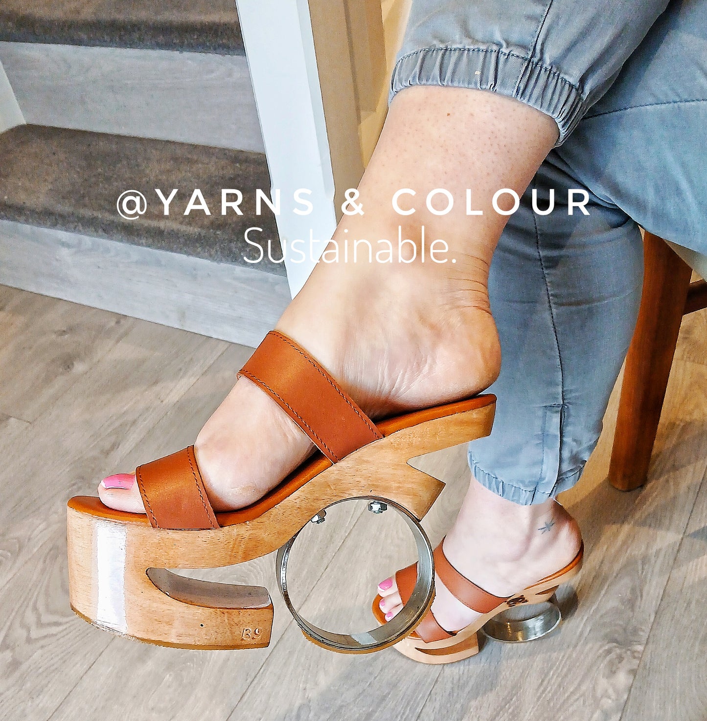 Metal: Round Iron Heels Wooden clog Platform, Show Stopper, White leather Strap